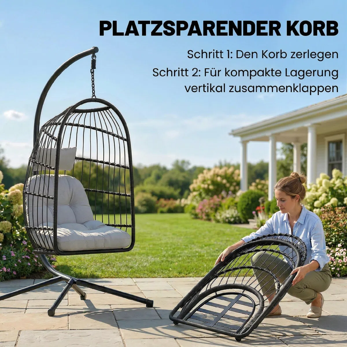 Outsunny Fotel wiszący ze stelażem, składany kosz z polirattanu, z poduszkami, pasem bezpieczeństwa, zagłówkiem, taśmami, nogi w kształcie X, z regulacją wysokości, huśtawka wisząca na zewnątrz