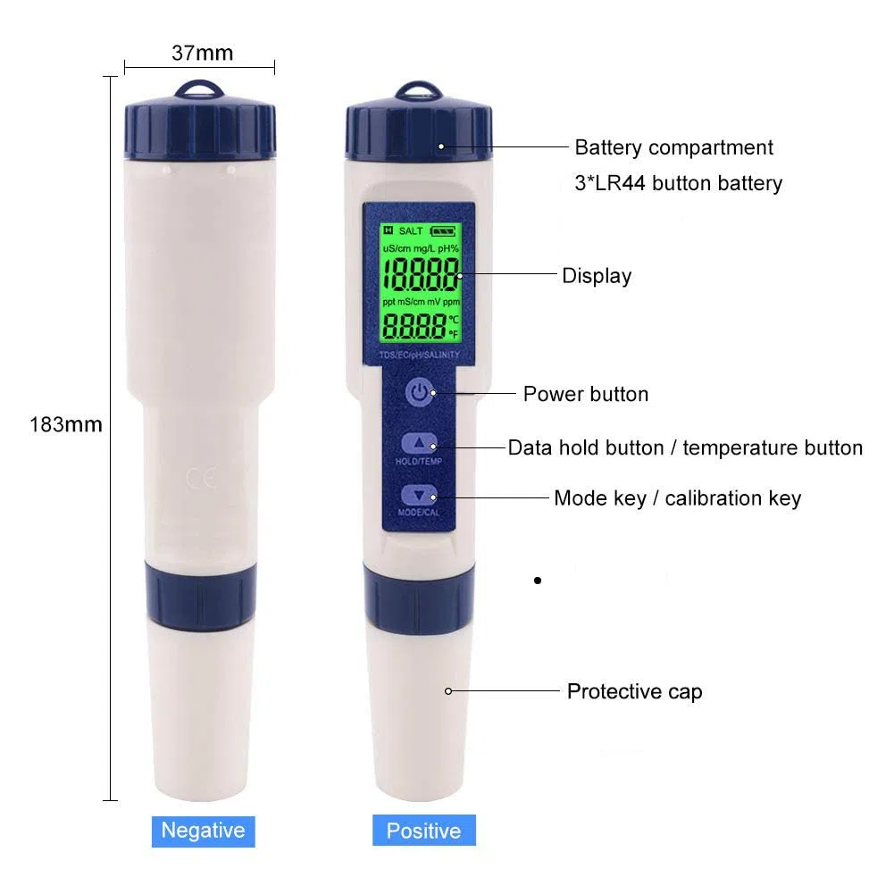 WANGCL Cyfrowy miernik pH LCD 5 w 1, wodoodporny tester jakości, tester chloru, zestaw do testowania gleby do ogrodu z automatyczną kompensacją temperatury - PH/TDS/EC/SALT/TEMP