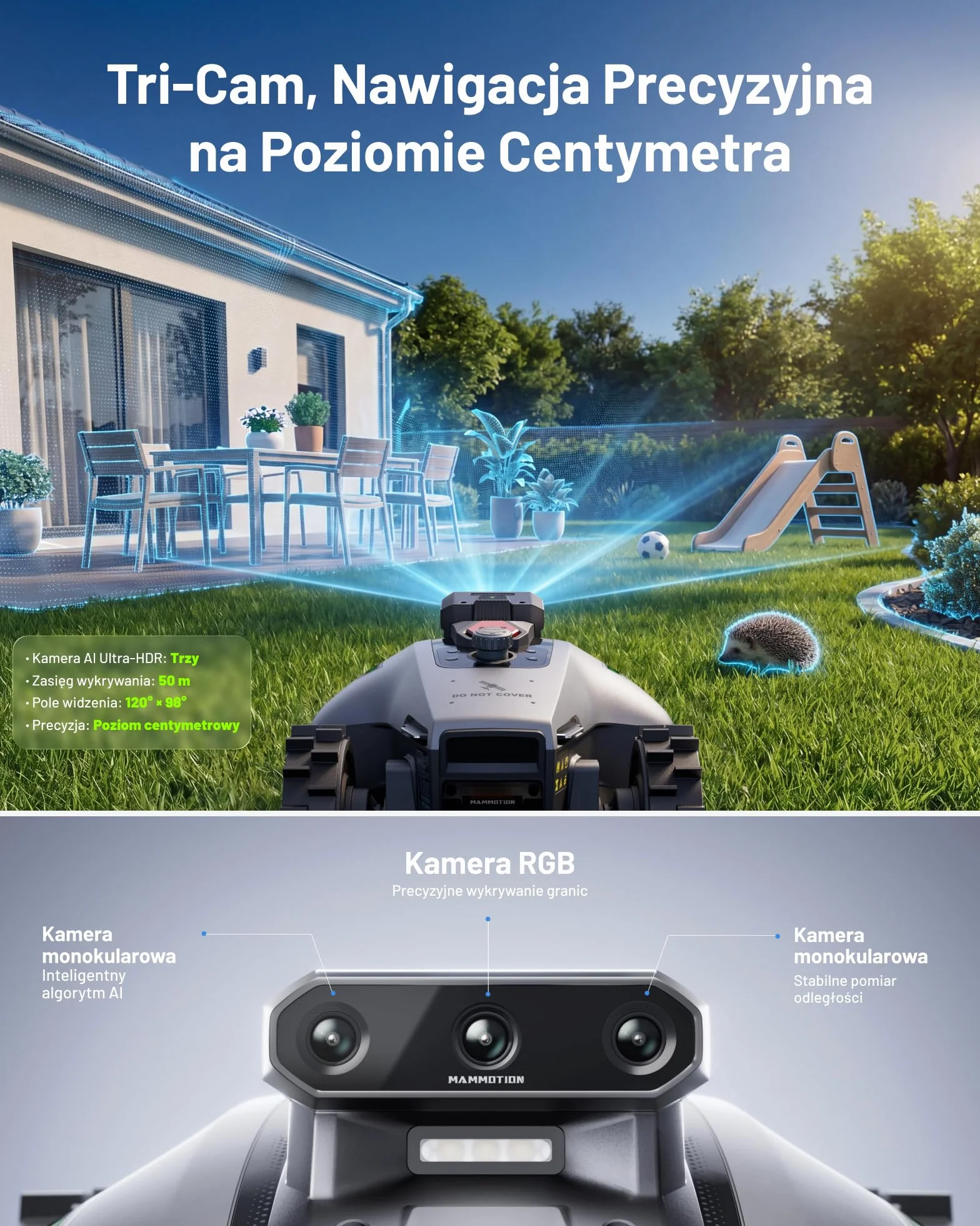 MAMMOTION YUKA mini 2 500 Robot koszący bez przewodu obwodowego, do 500 m², Tri-Cam AI Vision, automatyczne mapowanie wielu stref, DropMow, ręczna edycja mapy, nachylenia 45%