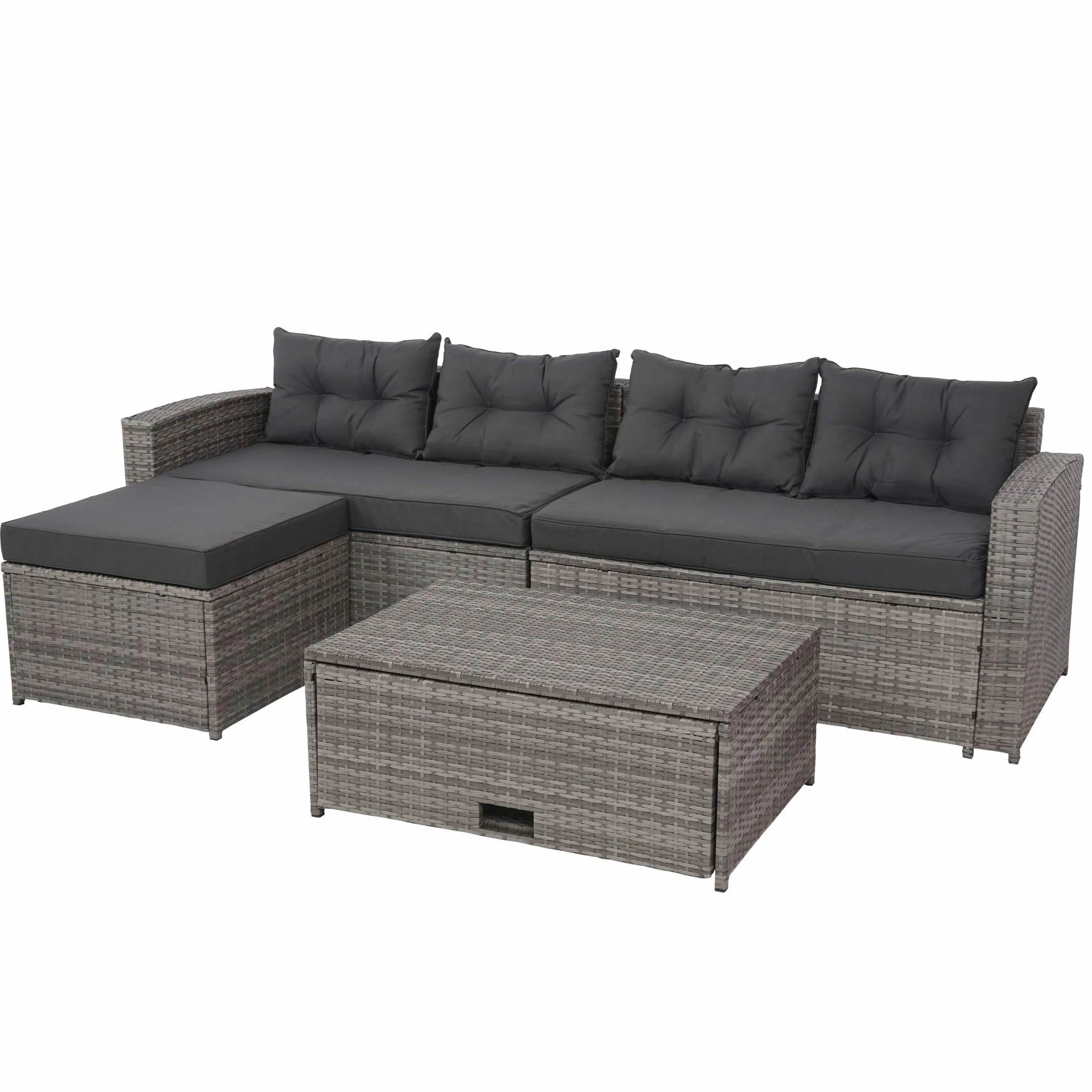 Mendler Zestaw polirattanowy HWC-J34, zestaw balkonowy/ogrodowy/wypoczynkowy, zestaw do siedzenia sofa, schowek - szary, poduszka ciemnoszary