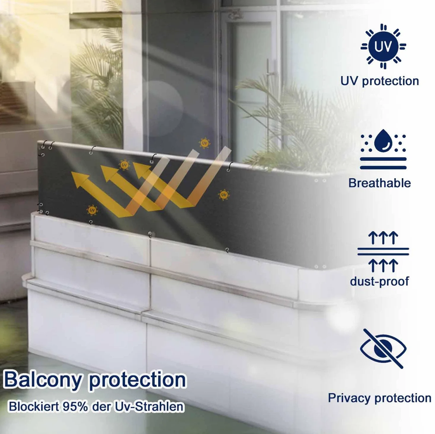 MENGH Osłona balkonowa, bez wiercenia, ochrona przed wiatrem i promieniowaniem UV, 160 g/m², z akcesoriami montażowymi, 100% poliester, na balustradę balkonową, taras i do ogrodu – szara, 115 x 1150