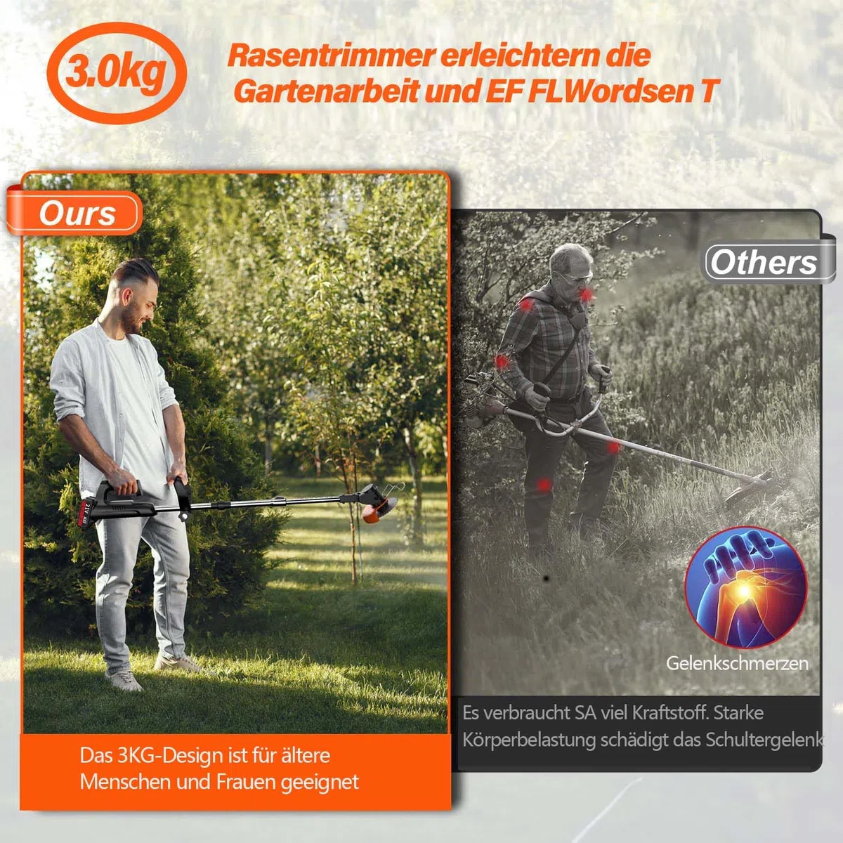 Podkaszarka do trawy, akumulatorowa podkaszarka do trawy, z akumulatorem (2 x akumulator 4,0 A i szybka ładowarka), podkaszarka do trawnika/mini kosiarka do trawy/podkaszarka, z 3 rodzajami ostrzy do