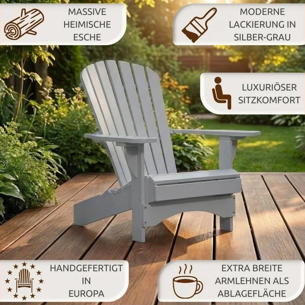 Original Dream-Chairs since 2007 Krzesło Adirondack "Comfort” de luxe w kolorze szarym, krzesło relaksacyjne z ergonomicznym oparciem, krzesło ogrodowe na balkon, taras, maksymalne obciążenie 170 kg
