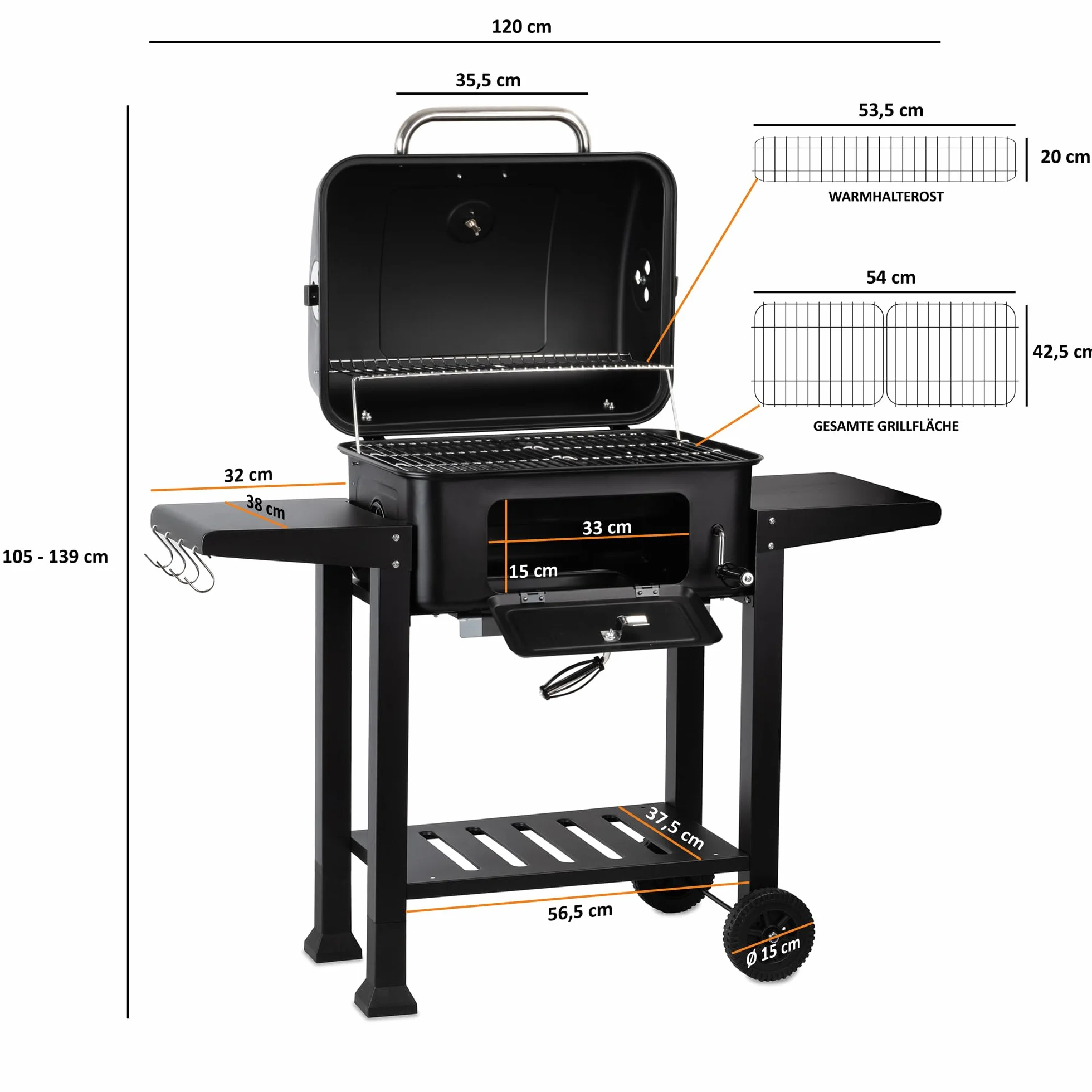BBQ-Toro Grill na Węgiel Drzewny z Misą i Regulacją Wysokości, Pokrywką, Wózkiem i Termometrem - Duży Grill XXL