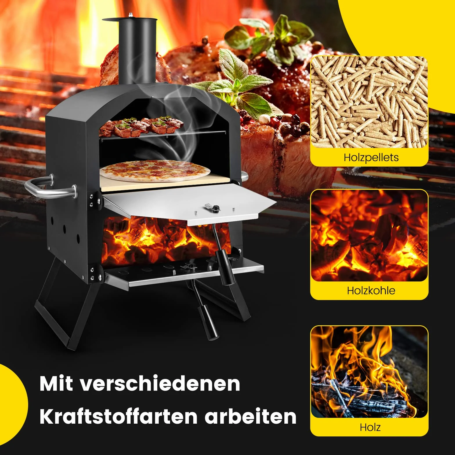 COSTWAY Piec do pizzy na zewnątrz, 2-warstwowy z rusztem grillowym, kamieniem, łopatką i składanymi nogami