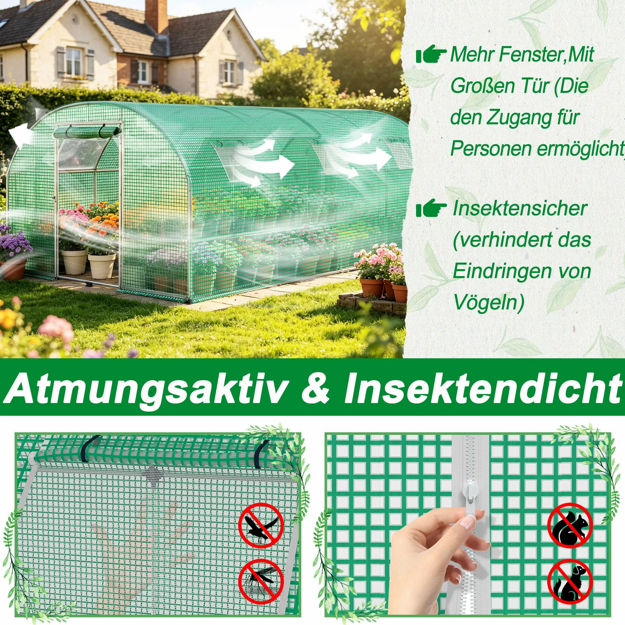 Szklarnia foliowa, 300 x 600 x 200 cm, odporna na warunki atmosferyczne, tunel foliowy, ochrona przed promieniowaniem UV, tunel do roślin, owoce, warzywa, kwiaty, namiot do roślin z oknem