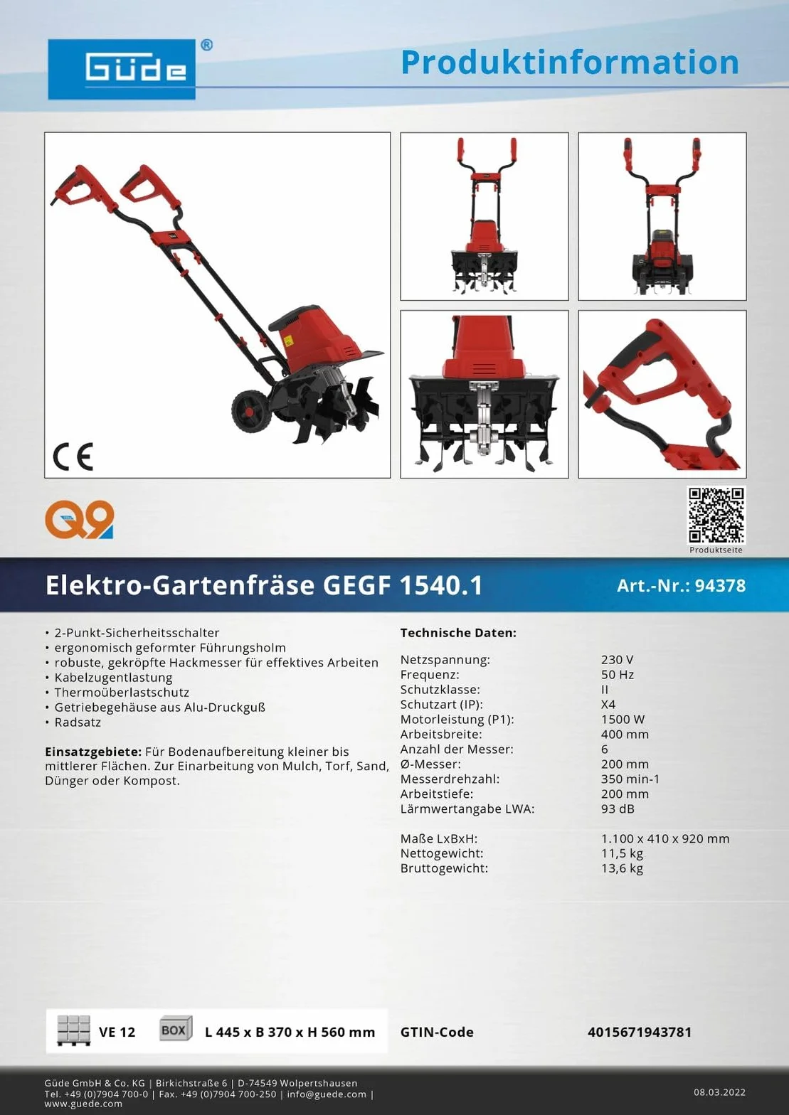GÜDE GEGF 1540.1 elektryczna glebogryzarka 1500 W 6 noży