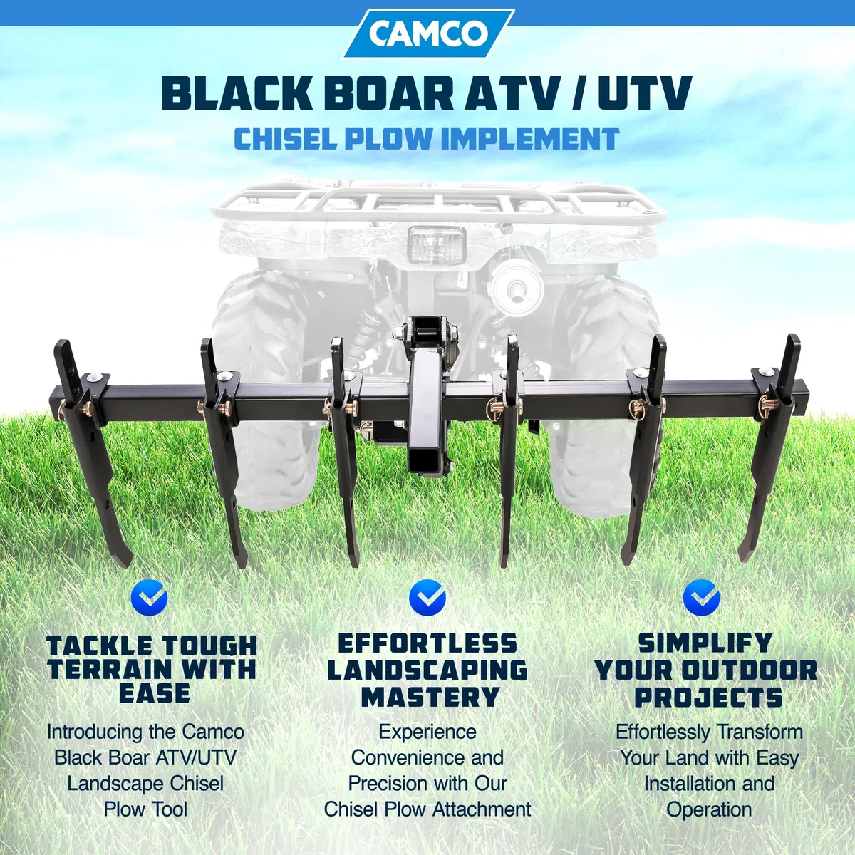 Camco 66003 narzędzie do pługa dłutowego (czarny dzik ATV/UTV, rozbija twarde podłoże, niezależnie regulowane dłuta, ustanawia działkę spożywczą, utrzymywanie ziemi)