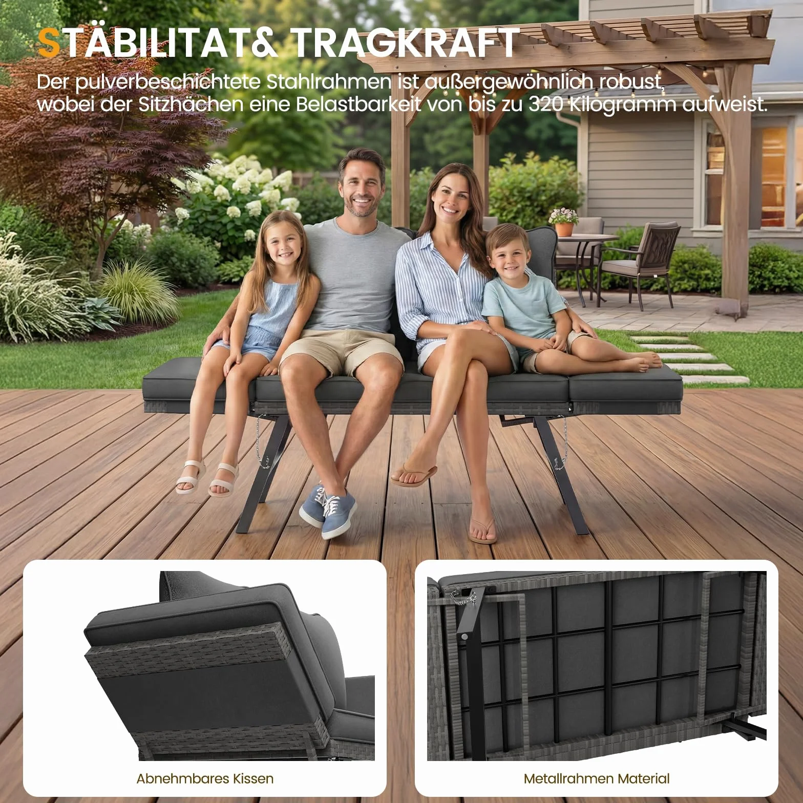 UDPATIO Polyrattan Ławka ogrodowa odporna na warunki atmosferyczne z funkcją leżakową, sofa balkonowa 3 w 1, funkcja regulacji z dodatkowo grubymi poduszkami siedzisk i poduszkami na podłokietniki do