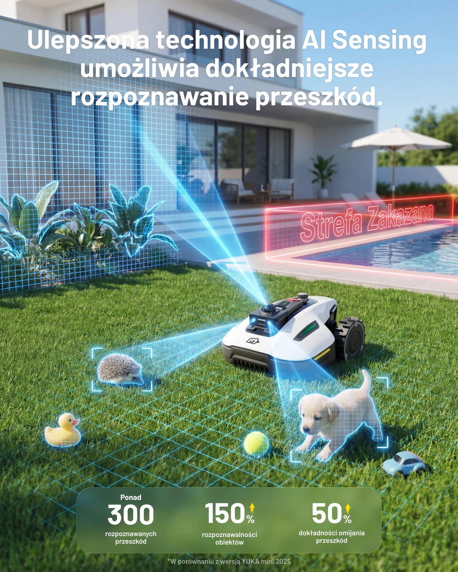 MAMMOTION YUKA mini 2 1000 Robot Koszący bez Kabla Ograniczającego, 1000 m², Nawigacja 360° LiDAR + Kamera AI, Wykrywanie 300 Przeszkód, DropMow