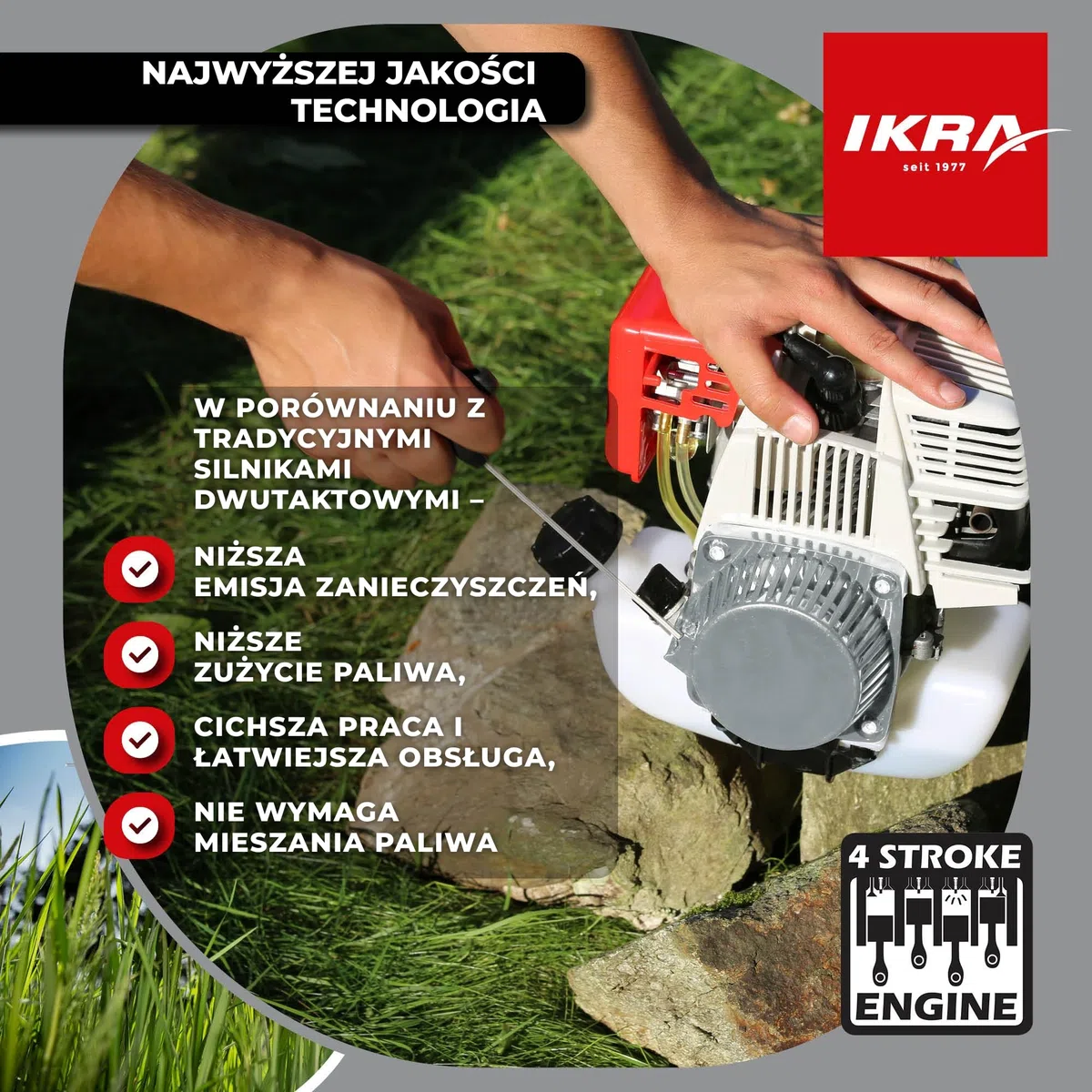 IKRA Podkaszarka spalinowa IBF 31-4, 31 cm³ 0,7 kW z zestawem akcesoriów | W zestawie nóż 3- i 8-zębny, szpula, pas naramienny i okulary, mocny silnik 4T z łatwym rozruchem
