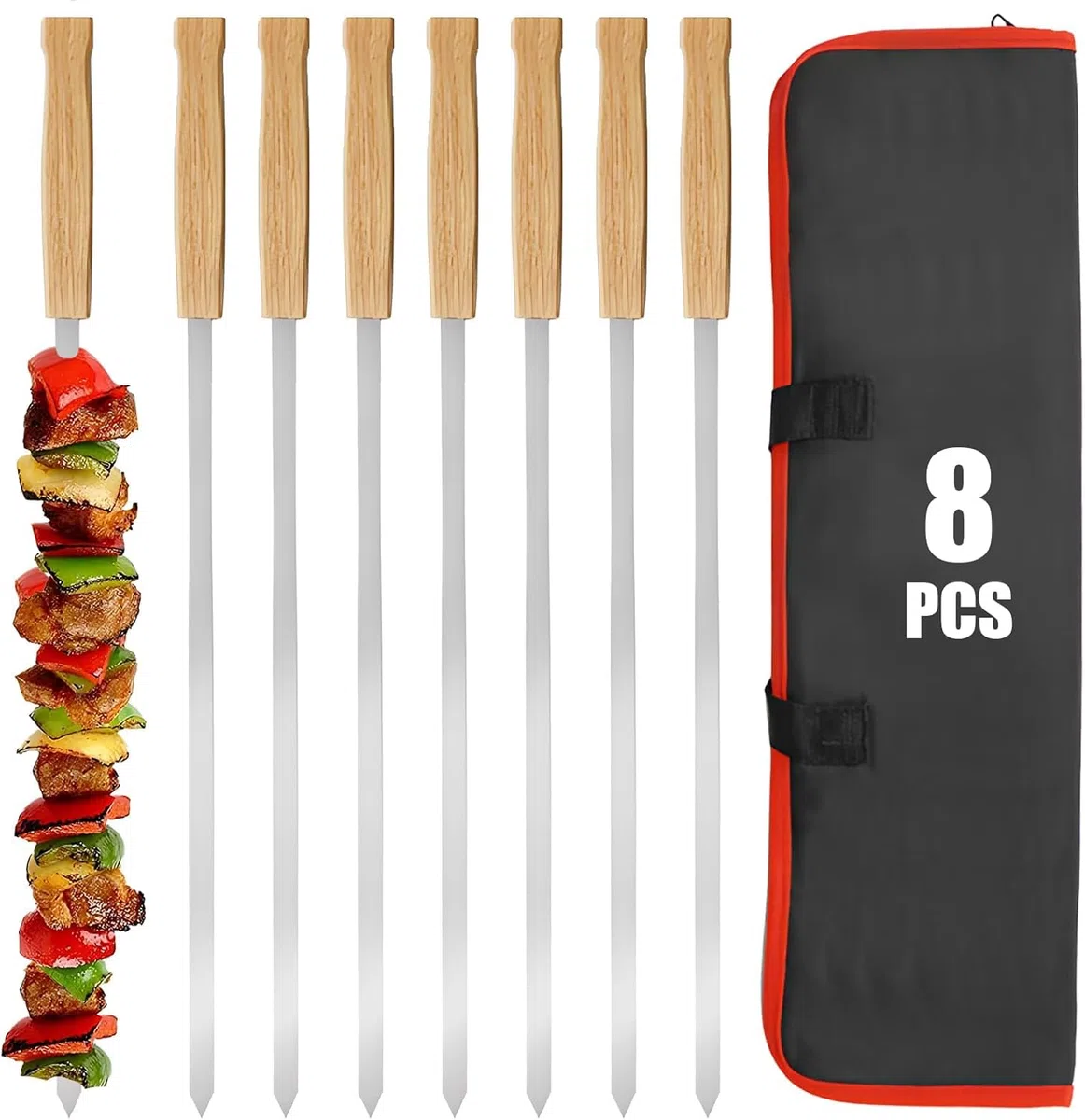 8 sztuk szpikulców do grilla, wielokrotnego użytku, 40 cm, płaskie szpikulce do szaszłyków ze stali nierdzewnej, Adana Kebab z drewnianym uchwytem, szaszłyki do mięsa, warzyw
