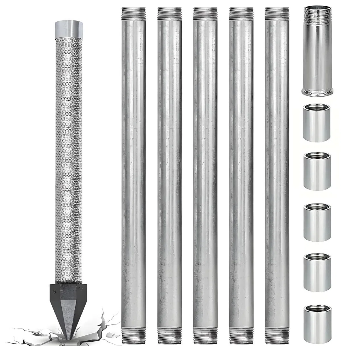 Zestaw do wiercenia studni wodnych, 1-1/10.2 cm, wytrzymałe, ocynkowane rury, stal nierdzewna i ekran siatkowy 60, zestaw 5 + 1, zestaw 91 cm, system wody gruntowej DIY do ogrodu wiejskiego