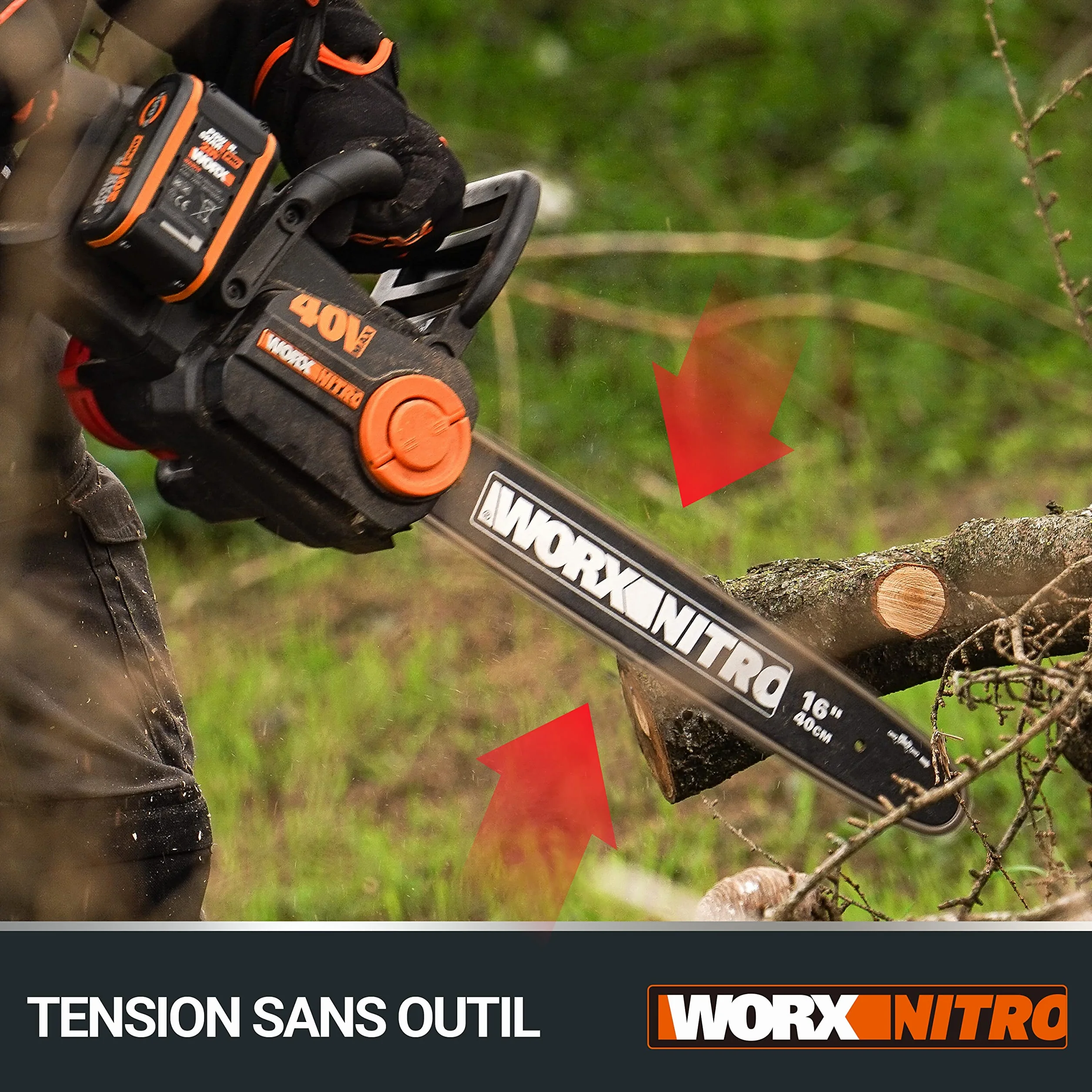 WORX Piła łańcuchowa Nitro 40V (2x20V) | PowerShare | WG385E.9 | Nie obejmuje baterii i ładowarki | Silnik bezszczotkowy | Miecz 40 cm | Hamulec łańcucha i automatyczne smarowanie