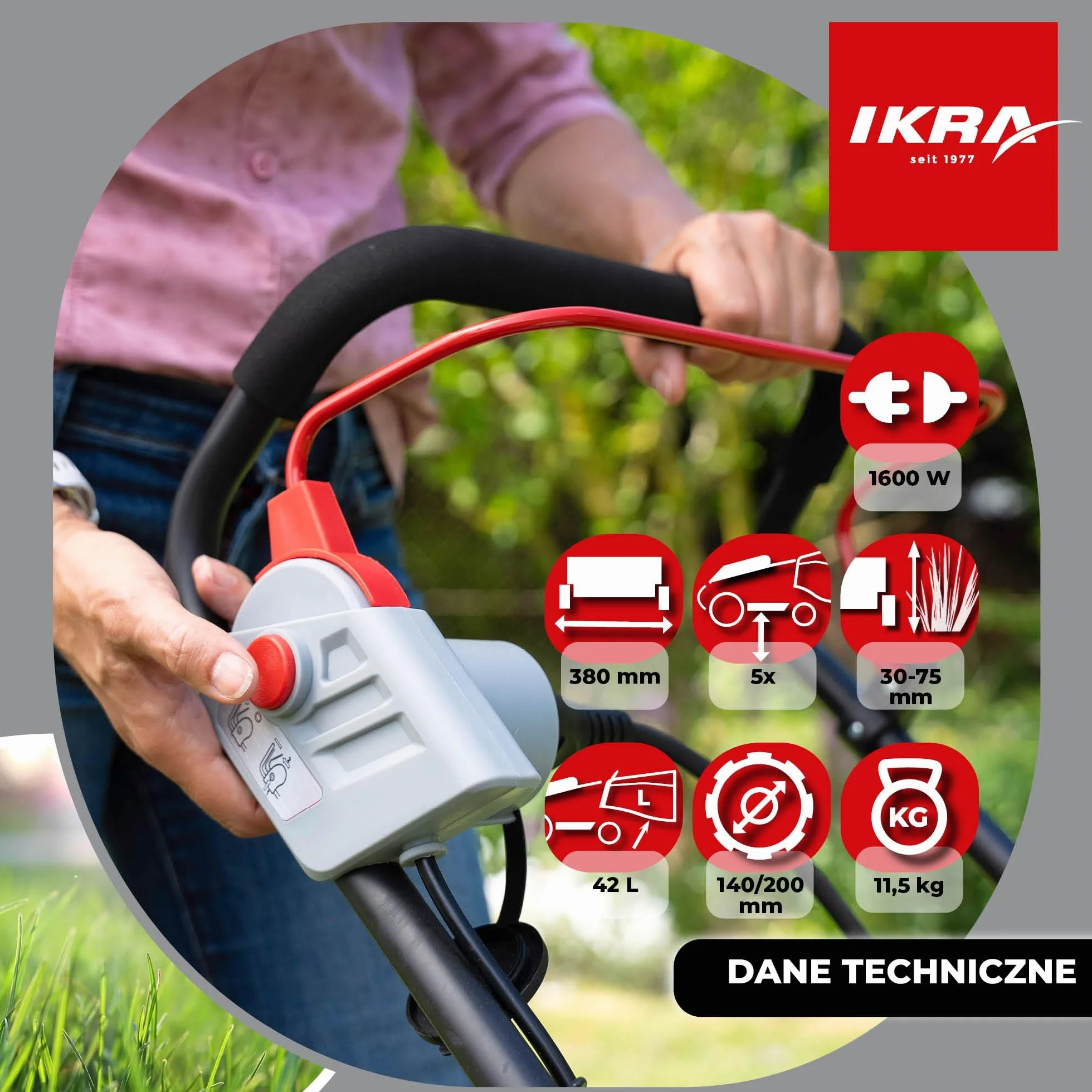 IKRA kosiarka elektryczna IERM 1638 1600W 38cm wysokość koszenia 30-75mm