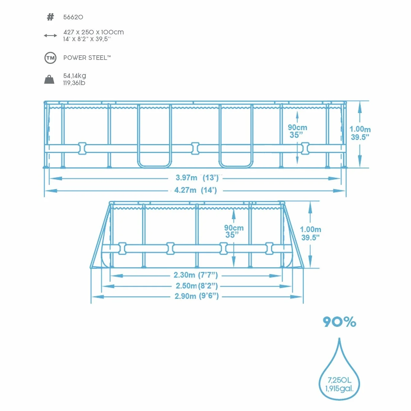 Bestway Power Steel 56620 basen z ramą, owalny, 7250 l, niebieski, szary, 90 cm, 1817 l/h)