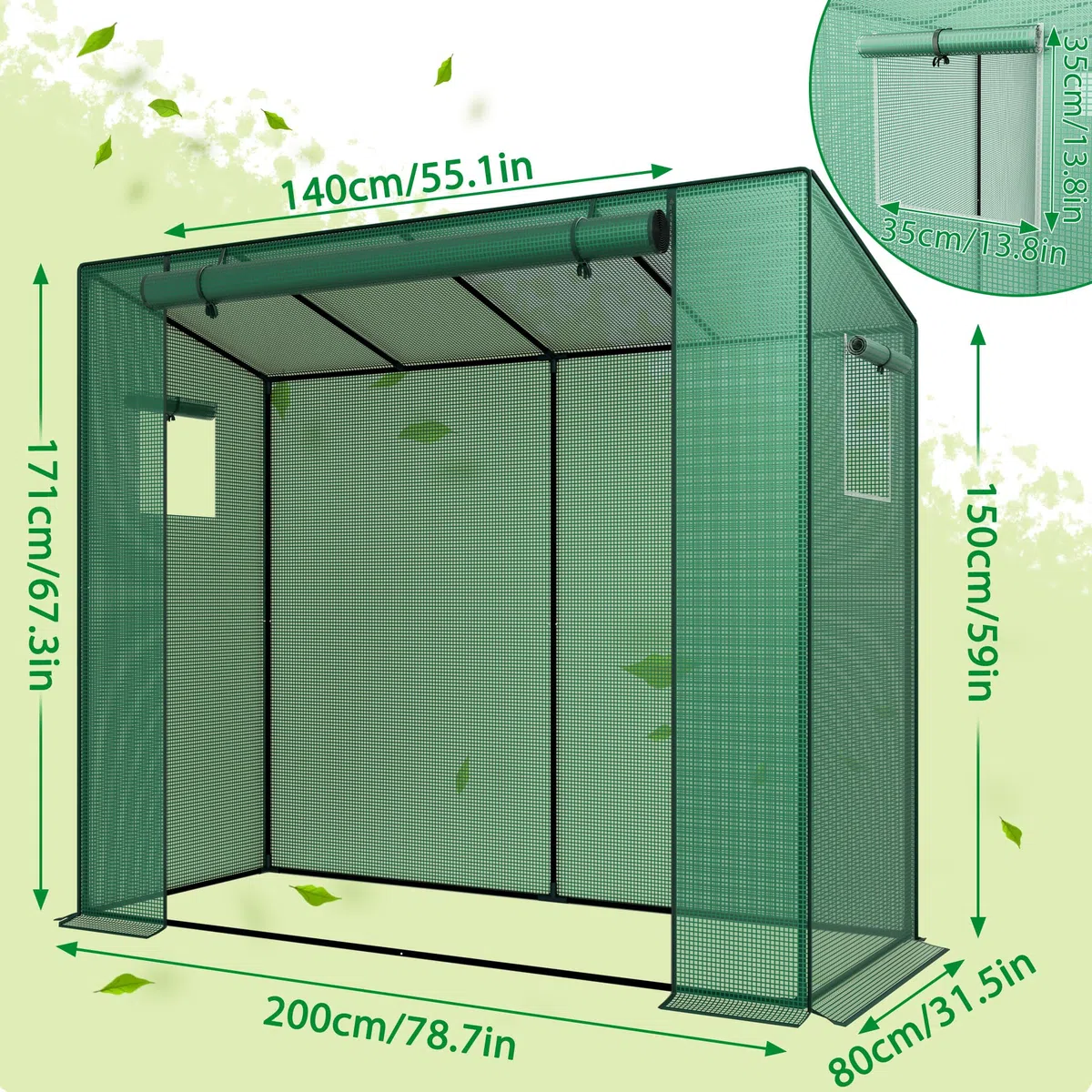 YRHome Dach skośny, 200 x 80 x 150 cm, z drzwiami i zwijanymi oknami, oddychająca szklarnia, rury ze stali ocynkowanej, ochrona przed promieniowaniem UV do warzyw, zielona