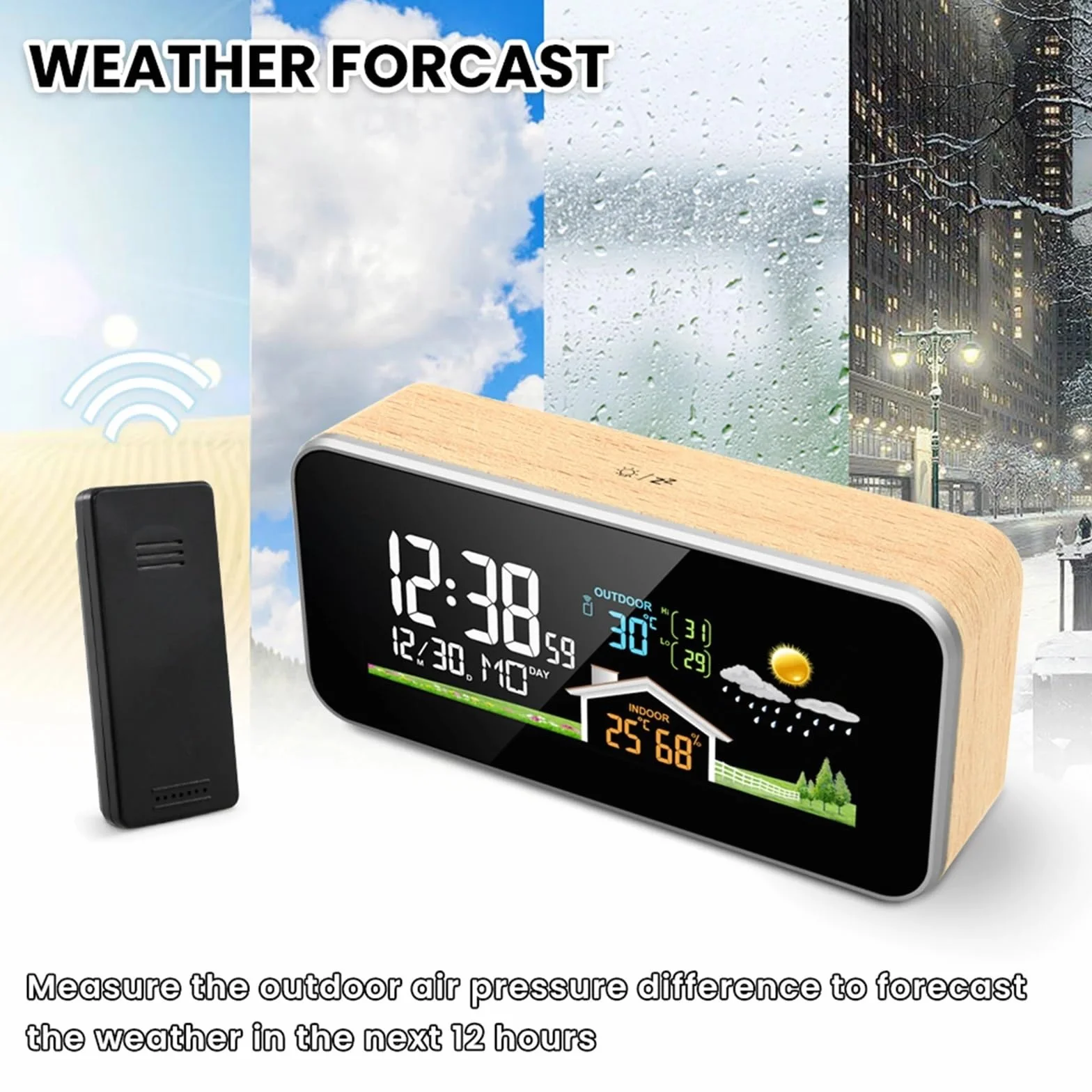 Stacja pogodowa, Bezprzewodowa stacja pogodowa Drewniany budzik Cyfrowy termometr Wilgotność Temperatura Bezprzewodowy czujnik Home TimeWatch Desktop #30(A)
