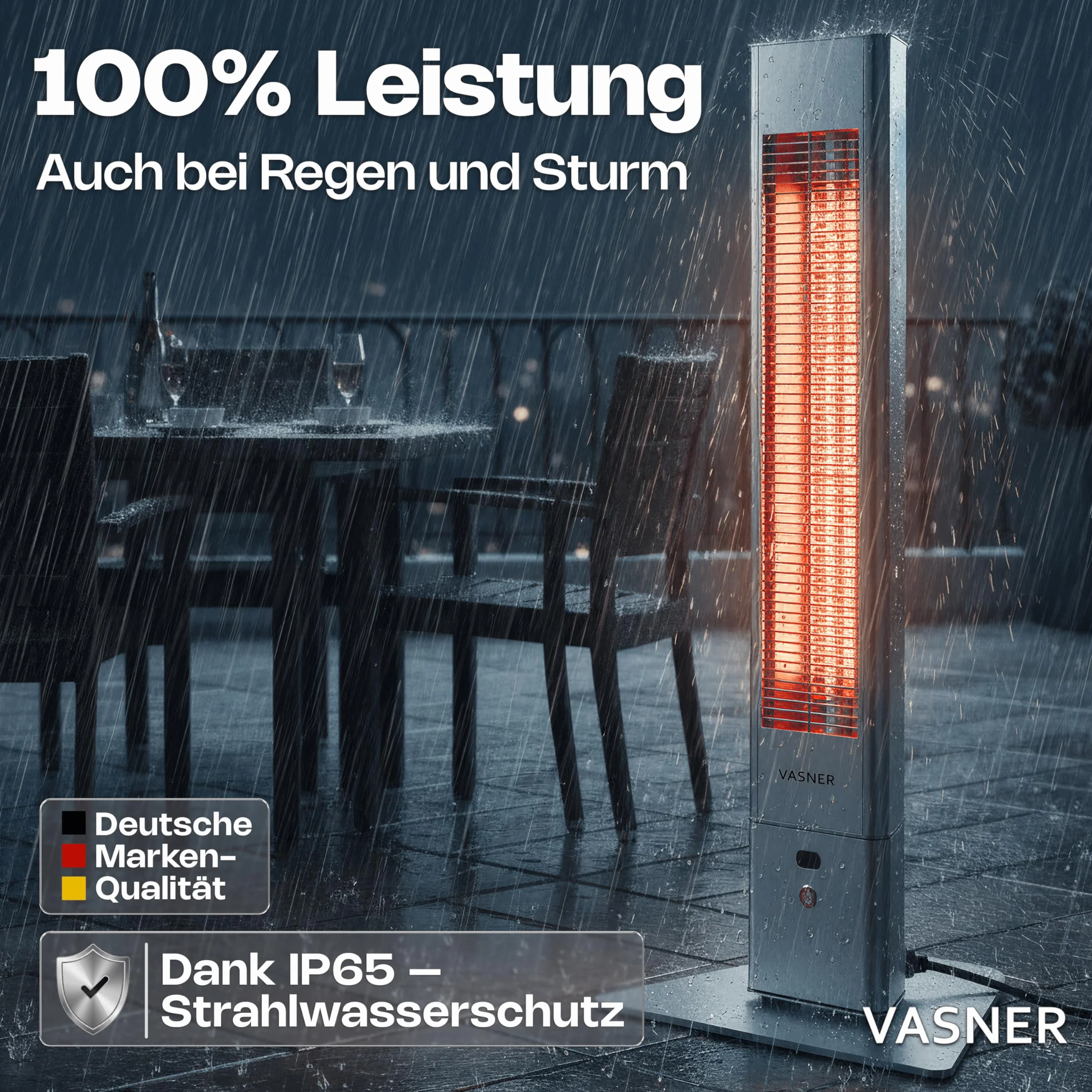 VASNER HeatTower Infrarot Heizstrahler Terrasse 2500 Watt 4 Heizstufen Standheizstrahler elektrisch mit Fernbedienung IP65 Schutz für Outdoor oder Bad