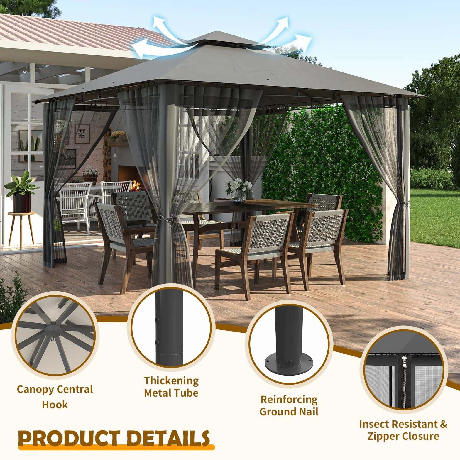 Amopatio Pawilon ogrodowy 2,8 x 2,8 m wodoszczelny podwójny dach z moskitierą Deluxe Patio Gazebo namiot imprezowy altana ogrodowa