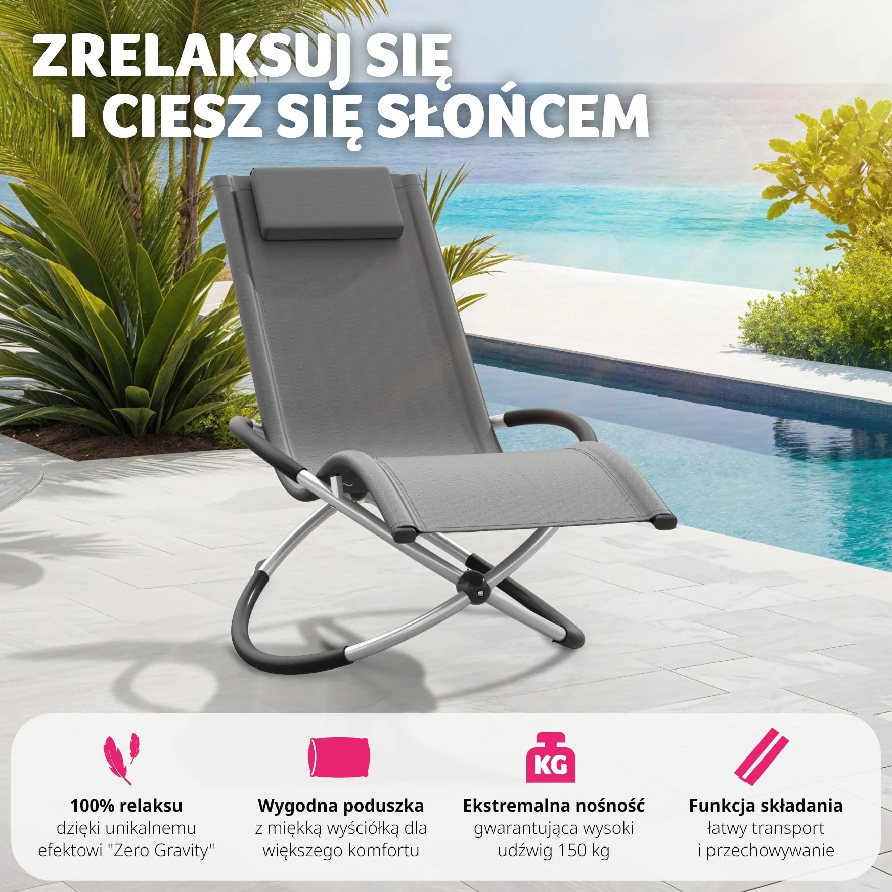 tectake® Ogrodowy Fotel Bujany, Ergonomiczny Składany Leżak z Oddychającym Materiałem Textilene i Zdejmowaną Poduszką, Solidna Stalowa Rama, Ochrona przed Wywróceniem (Szary)