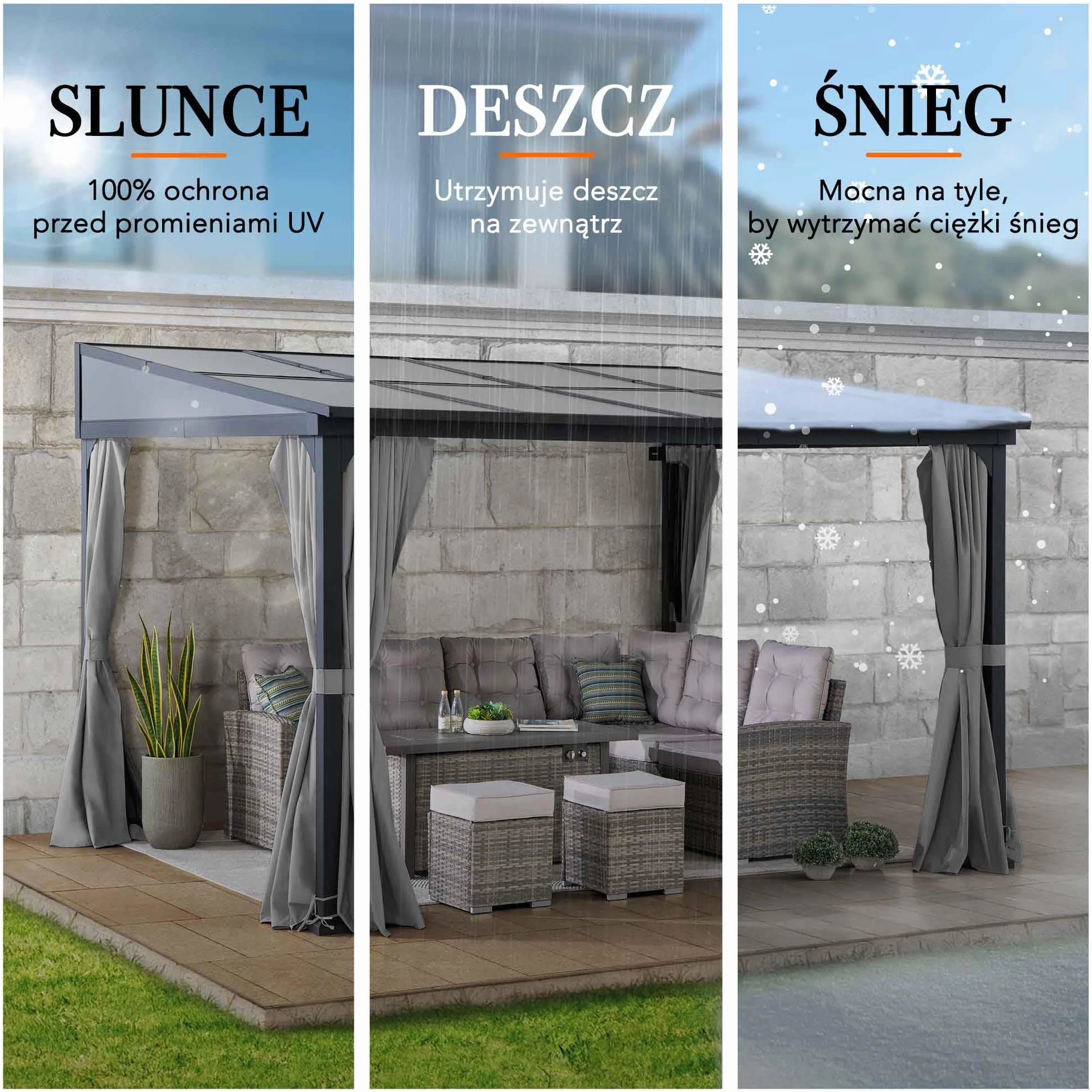 SUNJOY Pawilon Przyścienny 3 x 3,6 m z Zasłonami i Moskitiery, Grubsze Słupy 8 cm, Metalowa Konstrukcja, Wodoodporny Dach z Poliwęglanu, Pergola do Ogrodu, Tarasu i Werandy