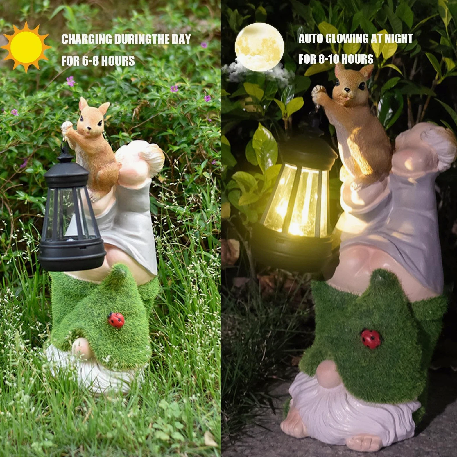 Posągi krasnala ogrodowego, solarne krasnale ogrodowe z wiewiórką, figurka z żywicy, rzeźby, ozdoby trawnikowe, podwórko, kwietnik, dekoracja werandy
