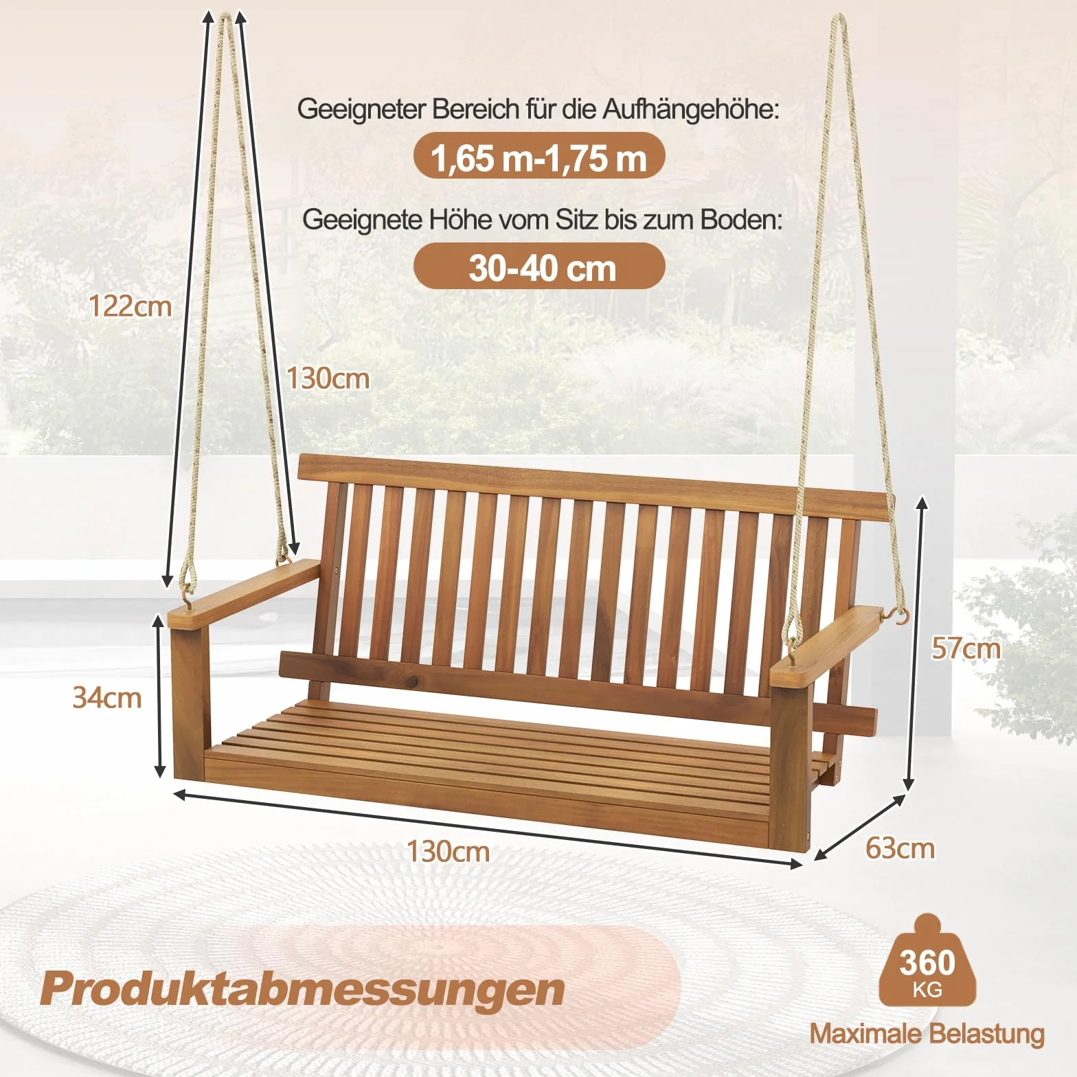 COSTWAY Ławka wisząca z drewna akacjowego, huśtawka werandowa, obciążenie do 360 kg, dla 2 osób, huśtawka tarasowa z 2 linami do zawieszenia, ławka huśtawka na podwórko, do ogrodu, 130 x 63 x 57 cm
