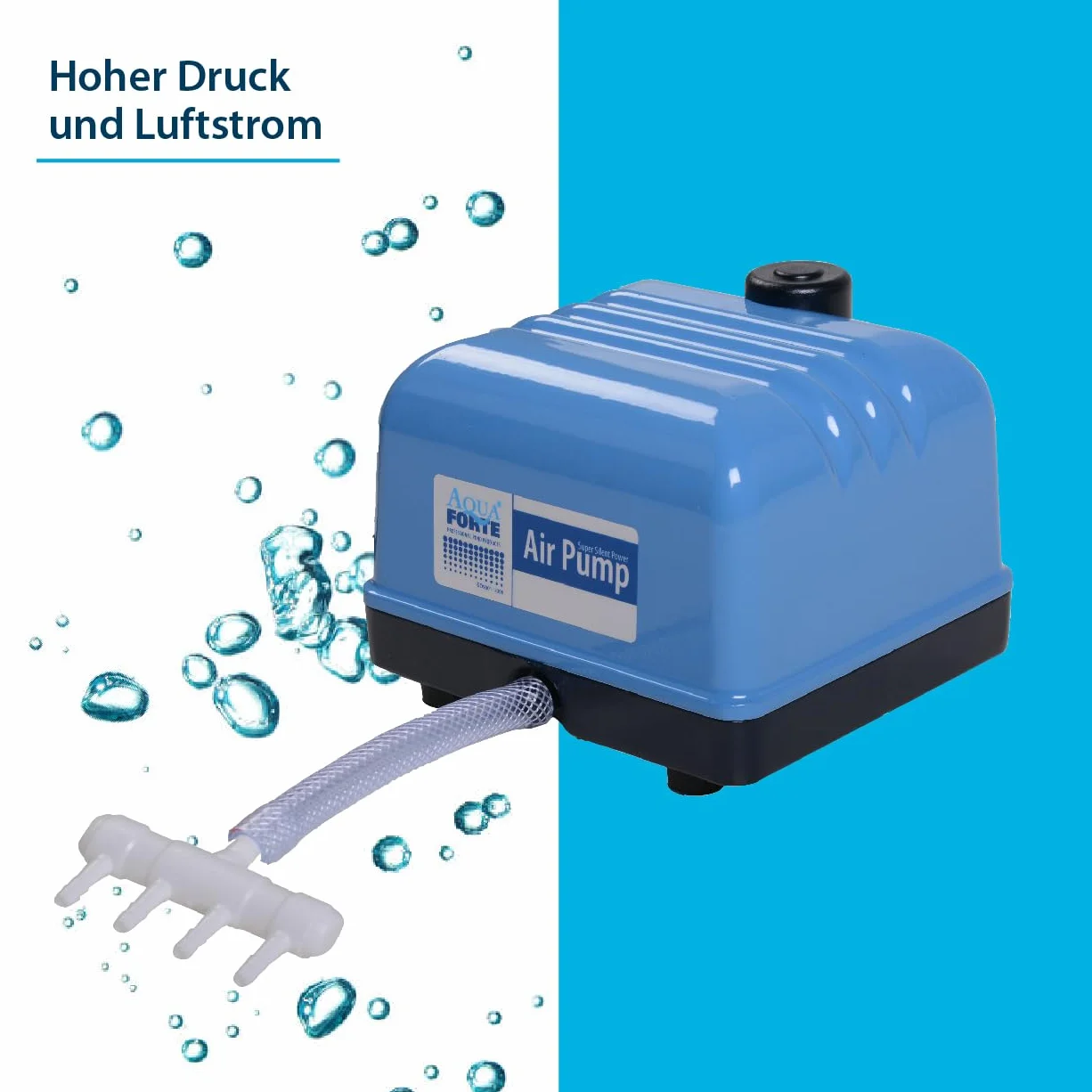 AquaForte Pompa powietrza Hi-Flow V-30, aluminiowa obudowa, cicha i wydajna, moc 25 W, pojemność przy 2 metrach 7 litrów na minutę, maksymalna pojemność stawu 18 m3, bez regulacji
