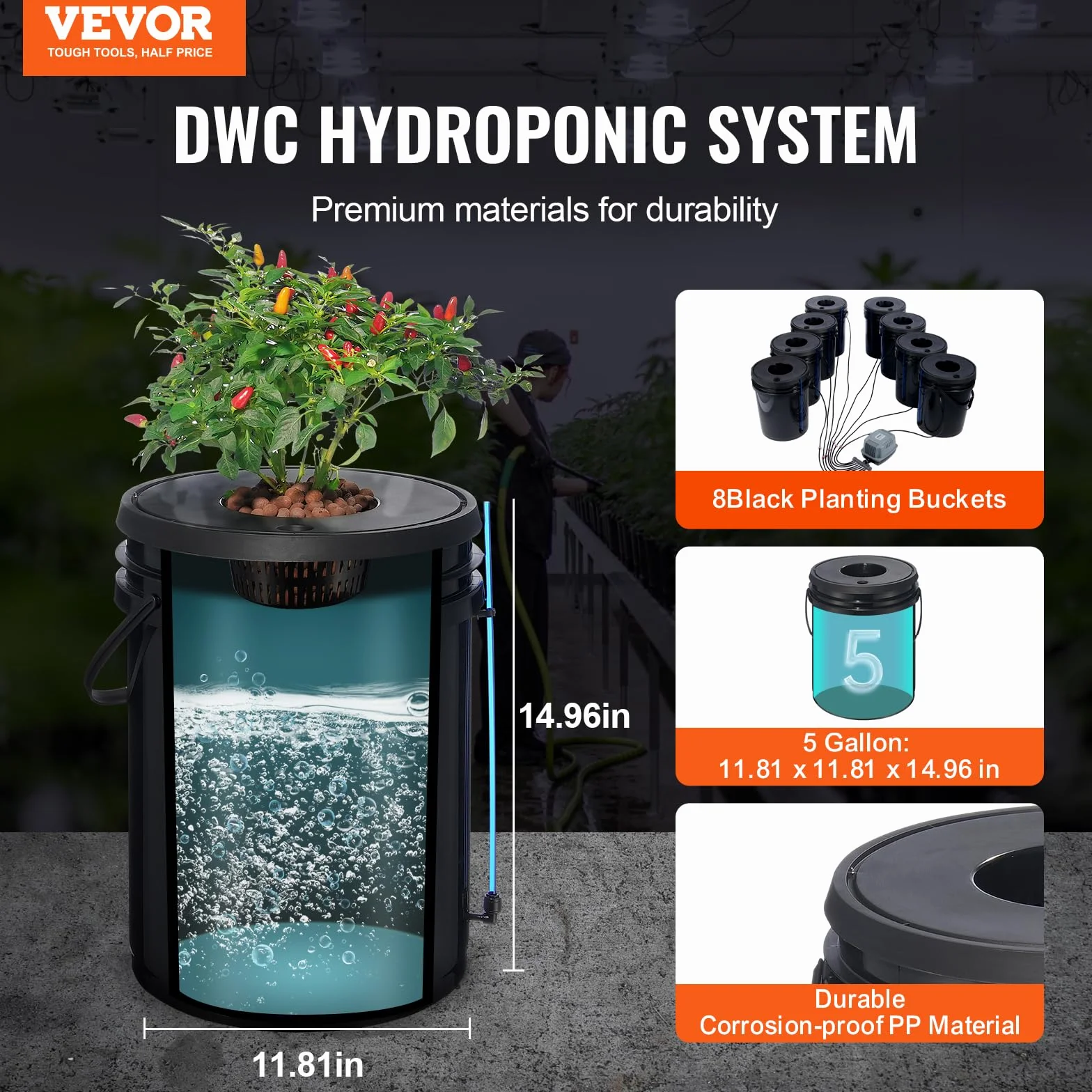 VEVOR Hydroponiczny system uprawy DWC, zestaw do uprawy głębokiej wody 20 litrów, pompa powietrza, kamienie porowate, urządzenie poziomu wody, system hydroponiczny, warzywa liściaste