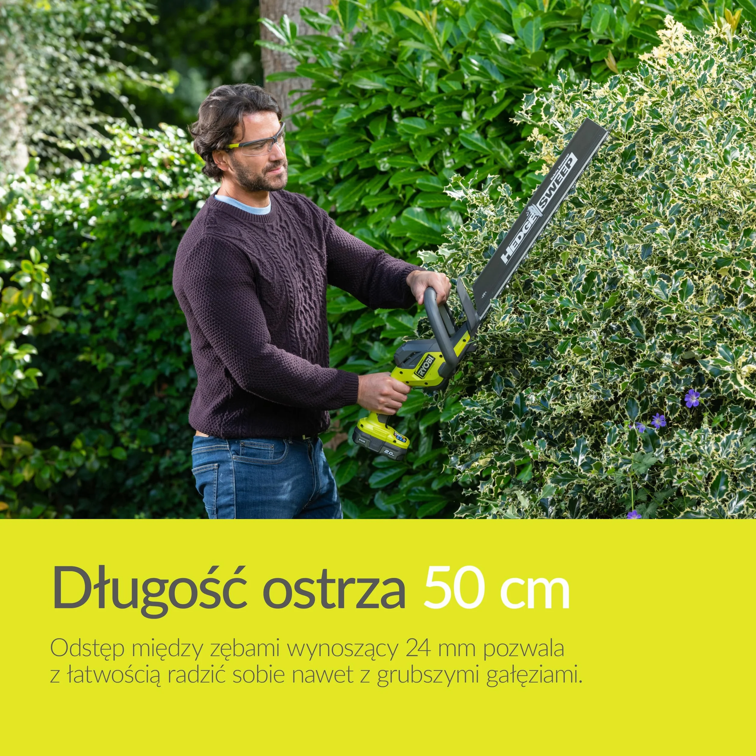 Ryobi Nożyce do Żywopłotu 18V RY18HT50A-0, Długość Ostrza 50 cm, Zakres Pracy 24 mm, 1350 obr/min, Ostrze Szlifowane Diamentowo, Wersja bez Akumulatora i Ładowarki