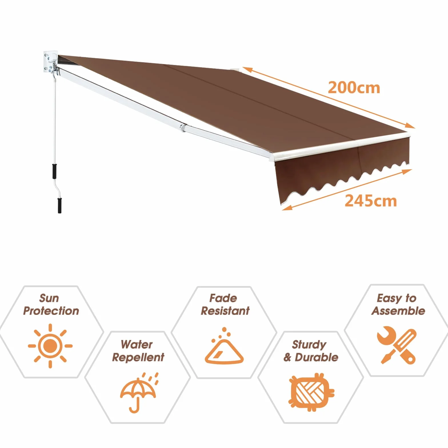 COSTWAY Markiza Tarasowa z Ramięciem Przegubowym 250 x 200 cm Aluminiowa Rama Regulowany Kąt 40-100° Wodoszczelna