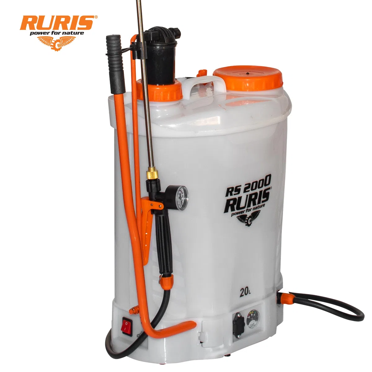 RURIS POWER FOR NATURE RS 2000 opryskiwacz elektryczny i ręczny, zbiornik 20 l, akumulator 12 V 8 Ah, ciśnienie silnika 5,5 bara, ładowarka w zestawie, pomarańczowy