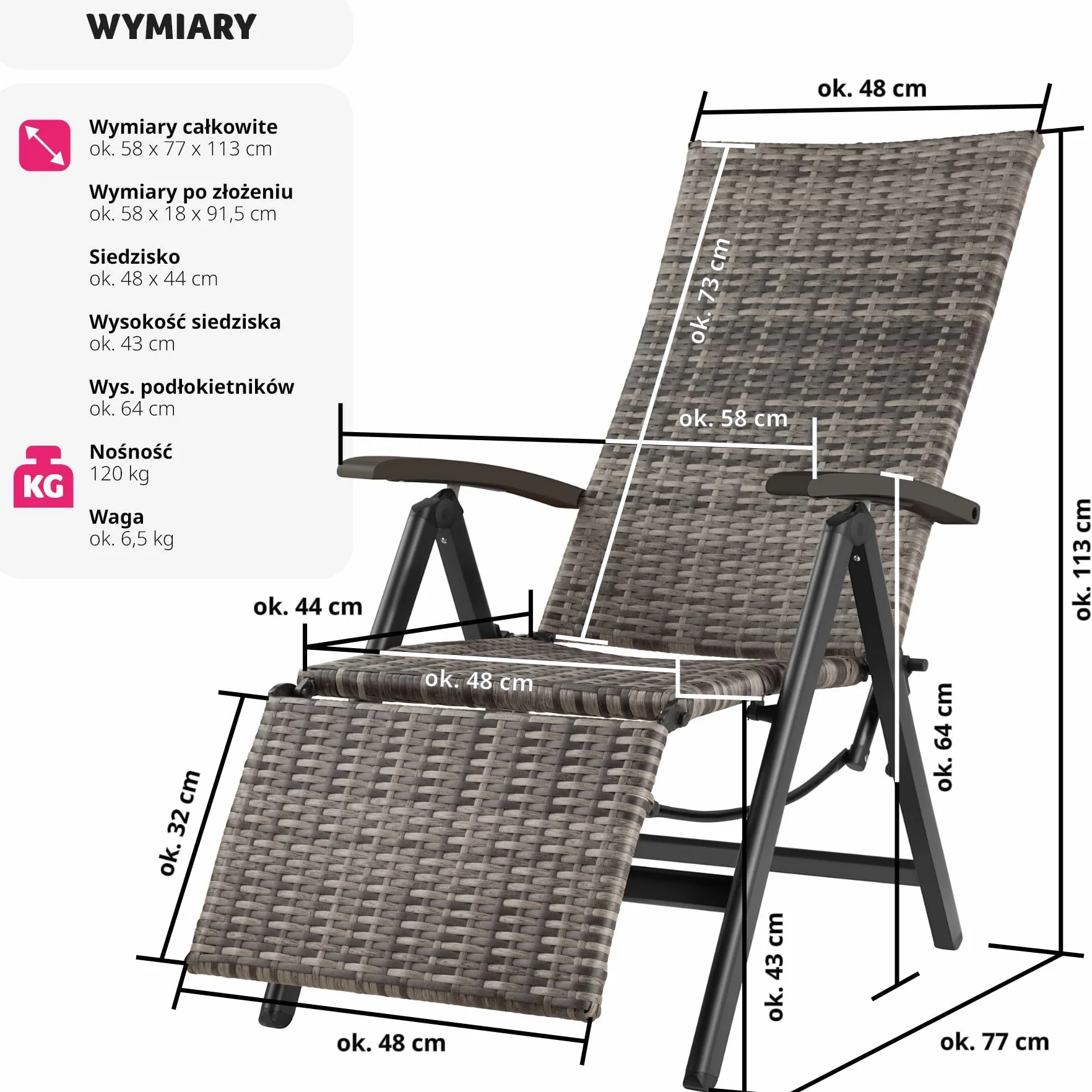 tectake®, Składany Fotel Ogrodowy, Rattanowe Krzesło Relaksacyjne, Regulacja Oparcia, Podnóżek, Plecionka UV, Aluminium, Antypoślizgowe Nóżki, Leżak Plażowy, Balkonowy, Na Taras (Szary)