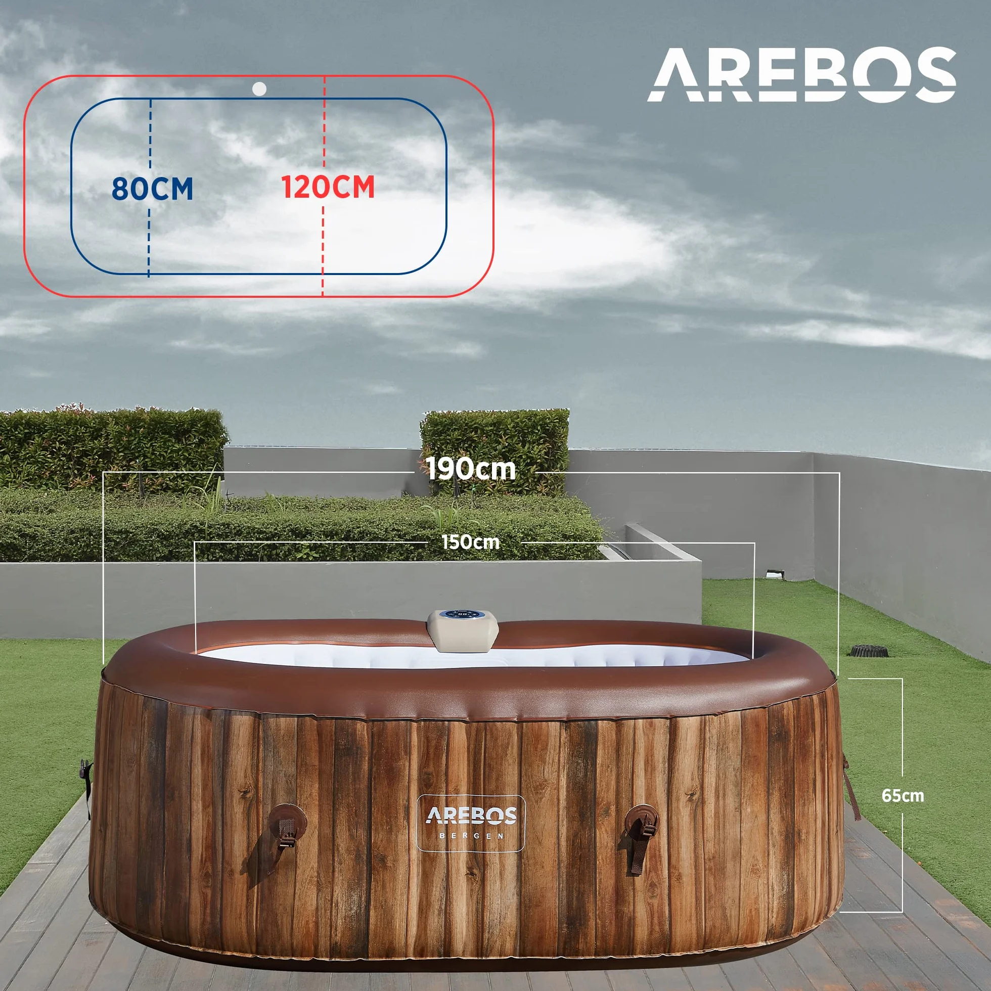 Arebos Nadmuchiwane Spa | Nadmuchiwane | Wnętrze i na zewnątrz | 190x120 cm Owal | 2 osoby | 90 dysz masujących | z ogrzewaniem | 550 litrów | Okładka w zestawie | Masaż Bubble Spa i Wellness