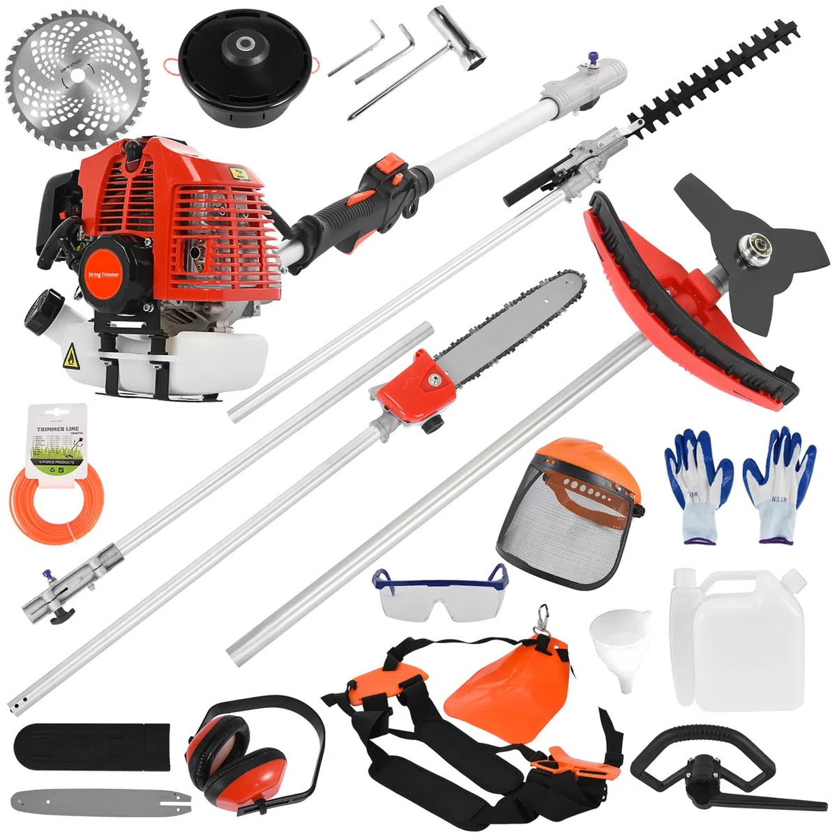 52 cm³ spalinowa kosa spalinowa 5 w 1, wielofunkcyjne urządzenie z piłą łańcuchową, nożycami do żywopłotu i podkaszarką – idealna do ogrodu, trawnika i krzewów, czerwona