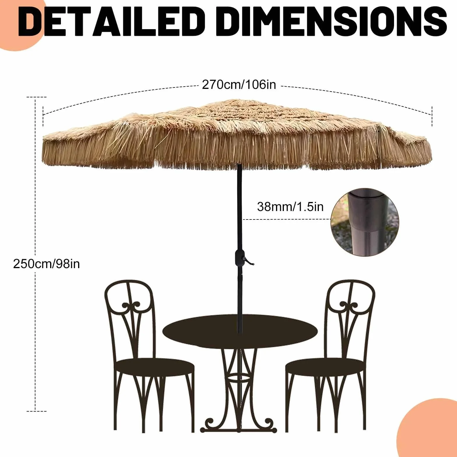 Duży Parasol Plażowy Słomiany z Korbką 2,7 m, 8 Żeber, Ochrona UV