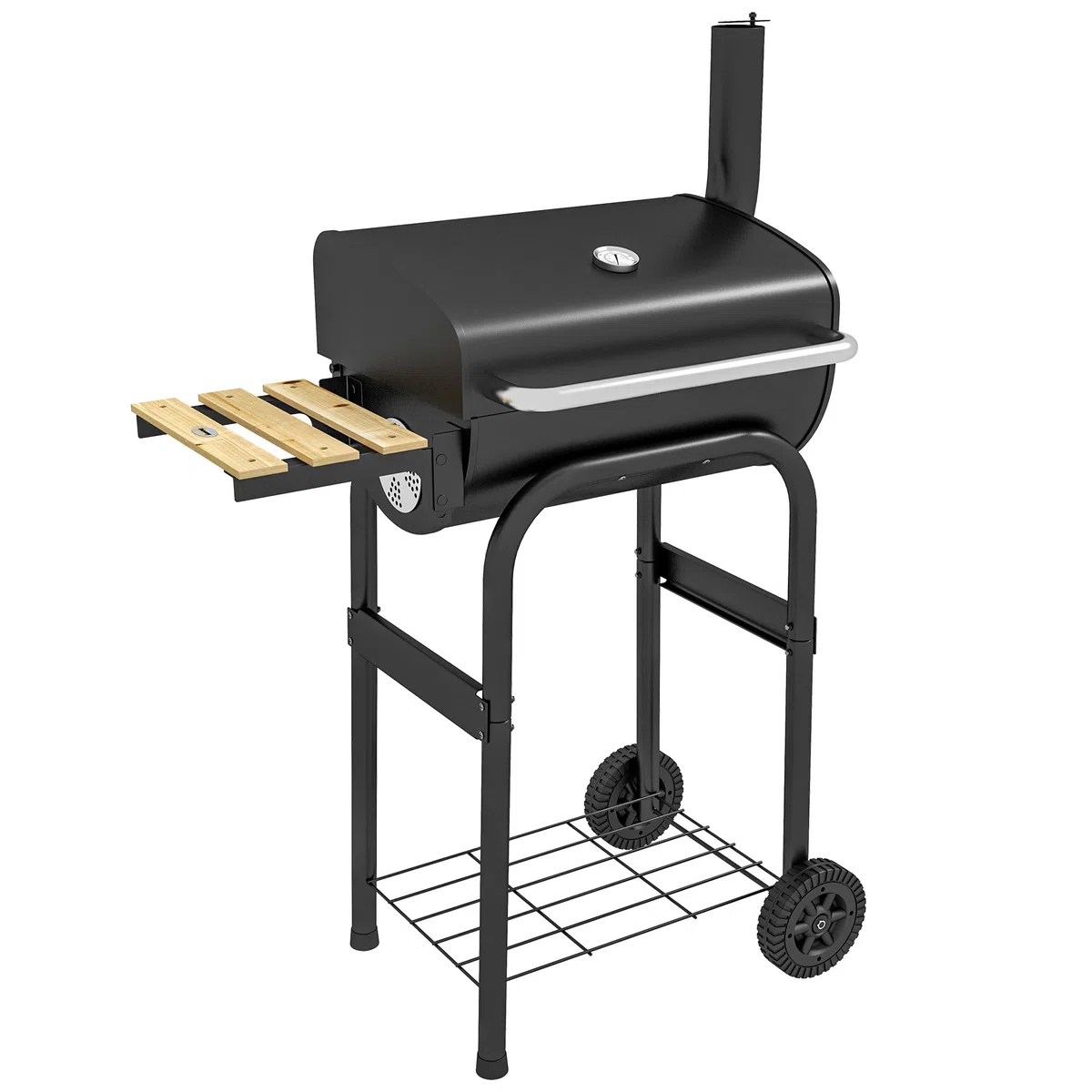 Outsunny Grill na węgiel drzewny z półkami, przenośny wózek do grillowania z kółkami, pokrywka, termometr, komin, do gotowania na świeżym powietrzu, ogrodu, na imprezę, czarny