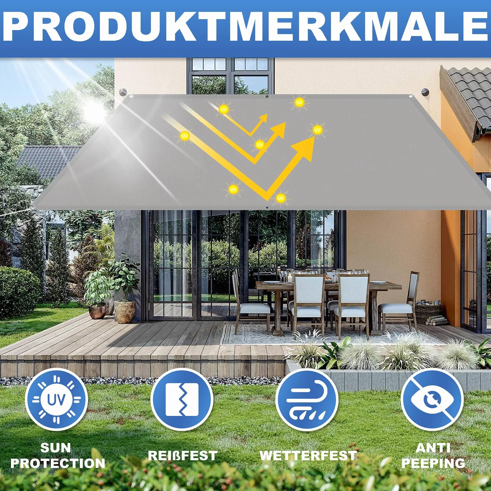 Żagiel przeciwsłoneczny, wodoszczelny, prostokątny, 3 x 4 m, bez wiercenia, ochrona przed słońcem, taras, ochrona przed promieniowaniem UV, odporny na warunki atmosferyczne, 100% poliester, siatka