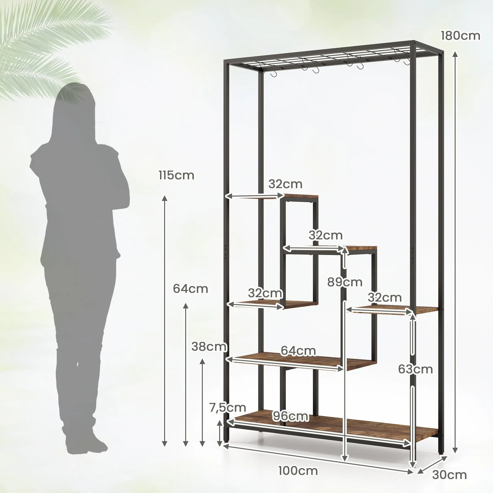 COSTWAY Stojak na rośliny, 6 poziomów, 180 cm, metalowy regał na kwiaty z 10 haczykami w kształcie litery S i półką z kratki, stojak na kwiaty, na balkon, do salonu (rustykalny brąz)