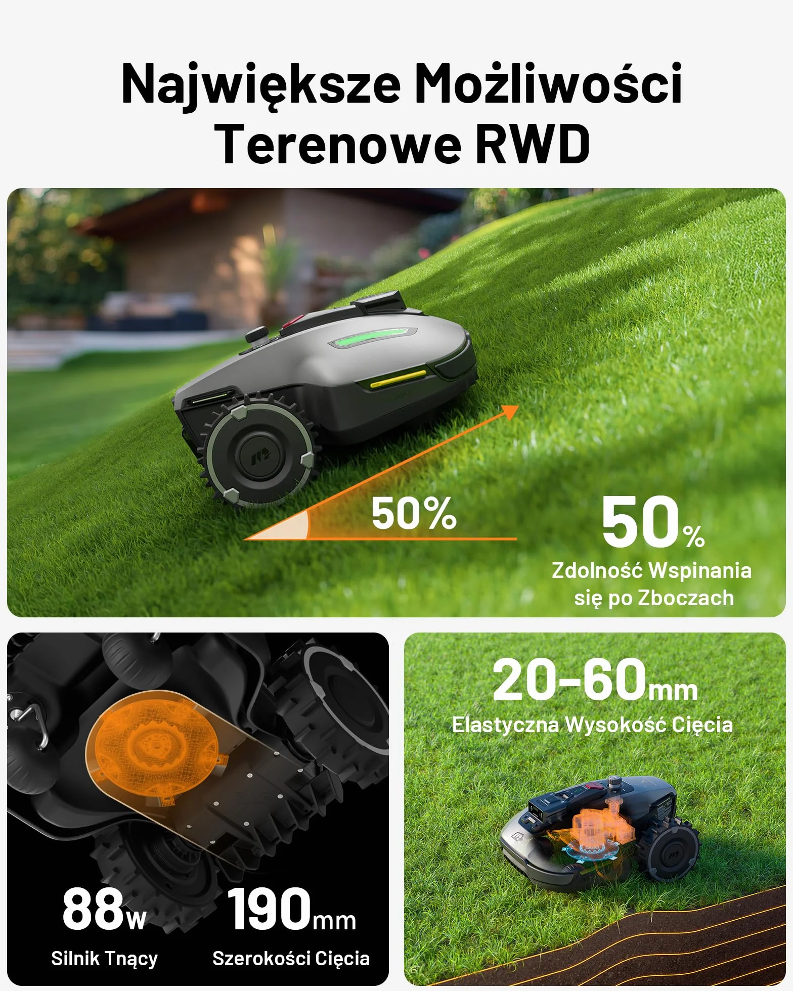 Robot koszący MAMMOTION YUKA mini 700,Zalecane 700 m², maks.1100 m², UltraSense AI Vision i RTK, nachylenie 45%, automatyczne mapowanie instalacji bezprzewodowej, zarządzanie wieloma strefami