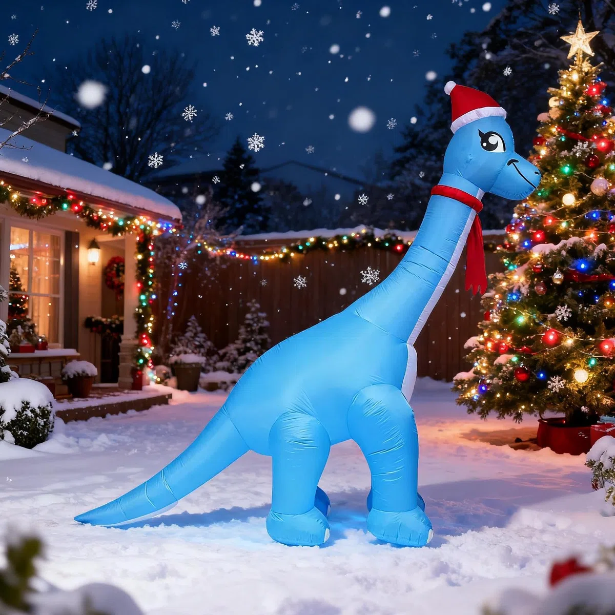 Nadmuchiwane Dekoracje Świąteczne Gigantyczny Dinozaur ze Światłem LED | Zewnętrzne Dmuchane Dekoracje Świąteczne na Święta do Ogrodu Podwórka Tarasu Podjazdu Drzwi Wejściowych