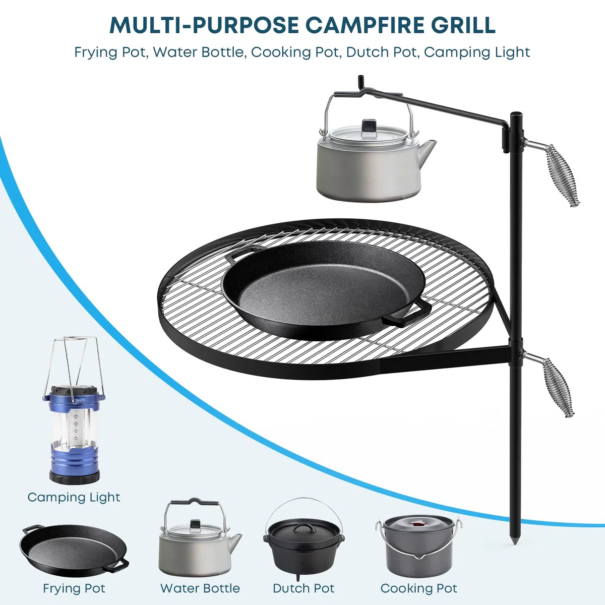 Onlyfire palenisko z rusztem grillowym 56 cm i prętem do grilla, przenośny grill ogniskowy ze stali nierdzewnej do gotowania na świeżym powietrzu na otwartym ogniu na kemping i piknik na świeżym powietrzu