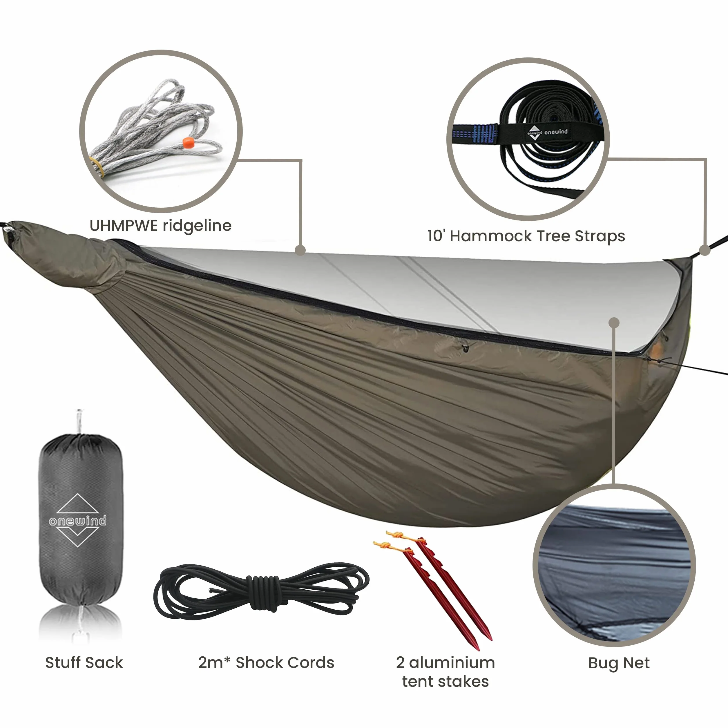 Onewind 12' Podwójny Hamak Kempingowy z Moskitierą 40D Nylon Ripstop 335 cm
