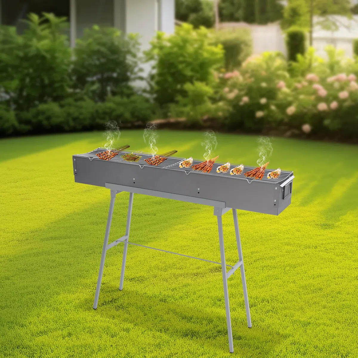 Przenośny grill na węgiel drzewny, składany grill kempingowy, przenośny, składany, 100 x 18 cm, na kemping, piknik, do ogrodu i na plażę, do użytku dla 5-10 osób