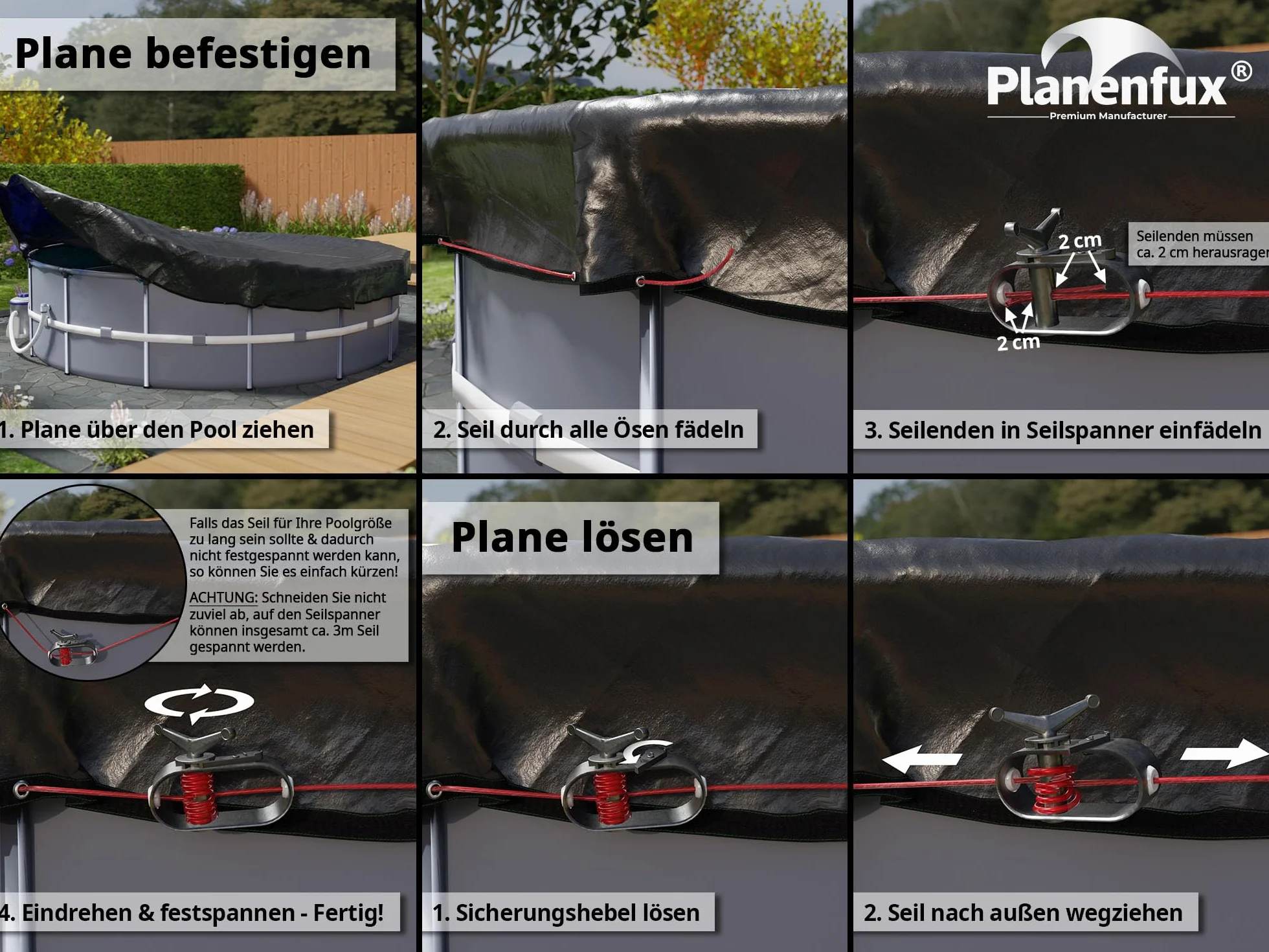 Planenfux® Okrągła osłona basenu 550 cm (do basenów o średnicy 500-550 cm), 2 w 1, wykonana z materiału PE o gramaturze 200 g/m², plandeka solarna na lato i zimę, Ø 610 cm, okrągła osłona basenu