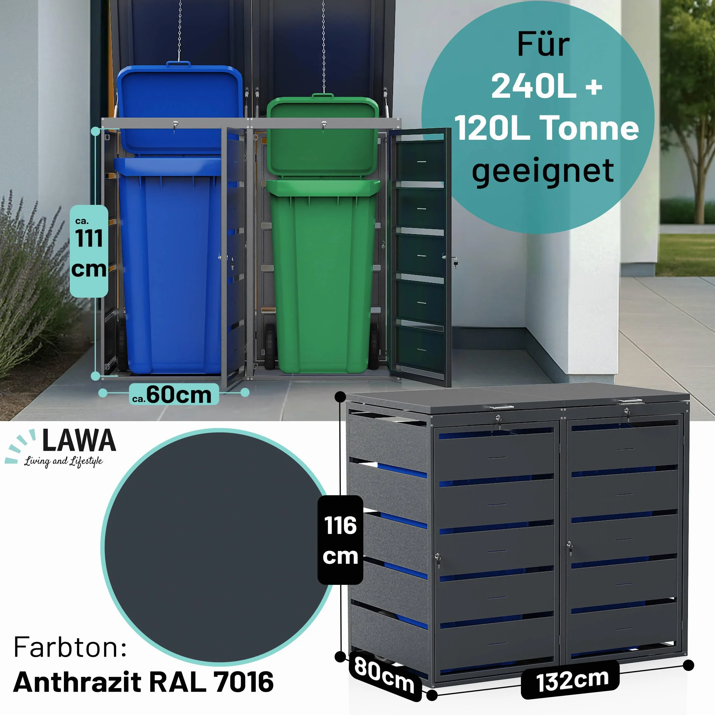 Pojemnik na śmieci, 2 x 240 l, ocynkowana, malowana proszkowo, 4 drzwi i 2 pokrywki, zamykane, ze sprężynami gazowymi i tłumikiem hałasu, otwory wentylacyjne, kolor antracytowy, RAL 7016
