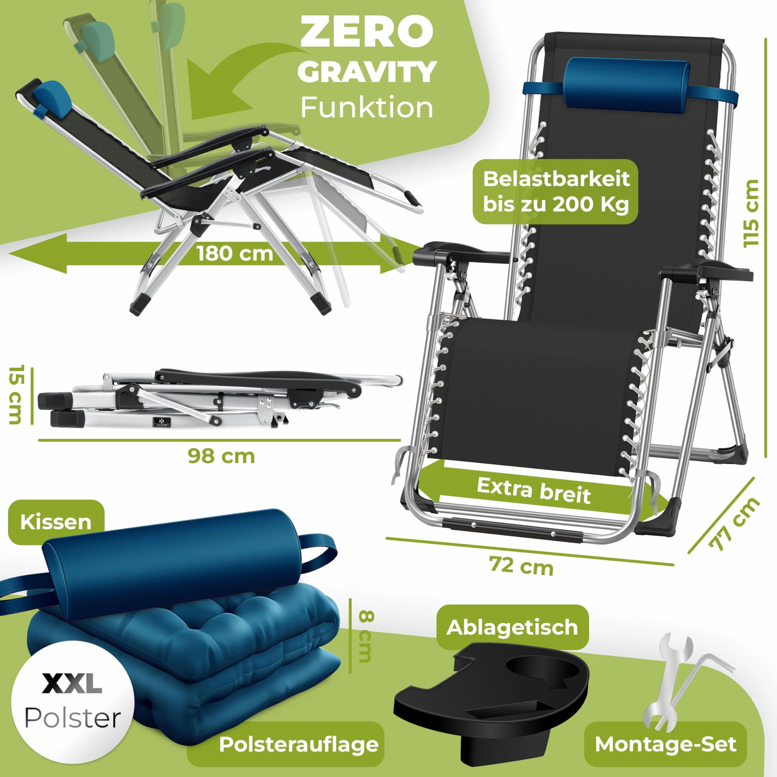 KESSER® Leżak składany z uchwytem na napoje, krzesło ogrodowe z poduszką, leżak do leżenia, bardzo duży leżak ogrodowy, regulowane oparcie, leżak ogrodowy z podparciem poduszek