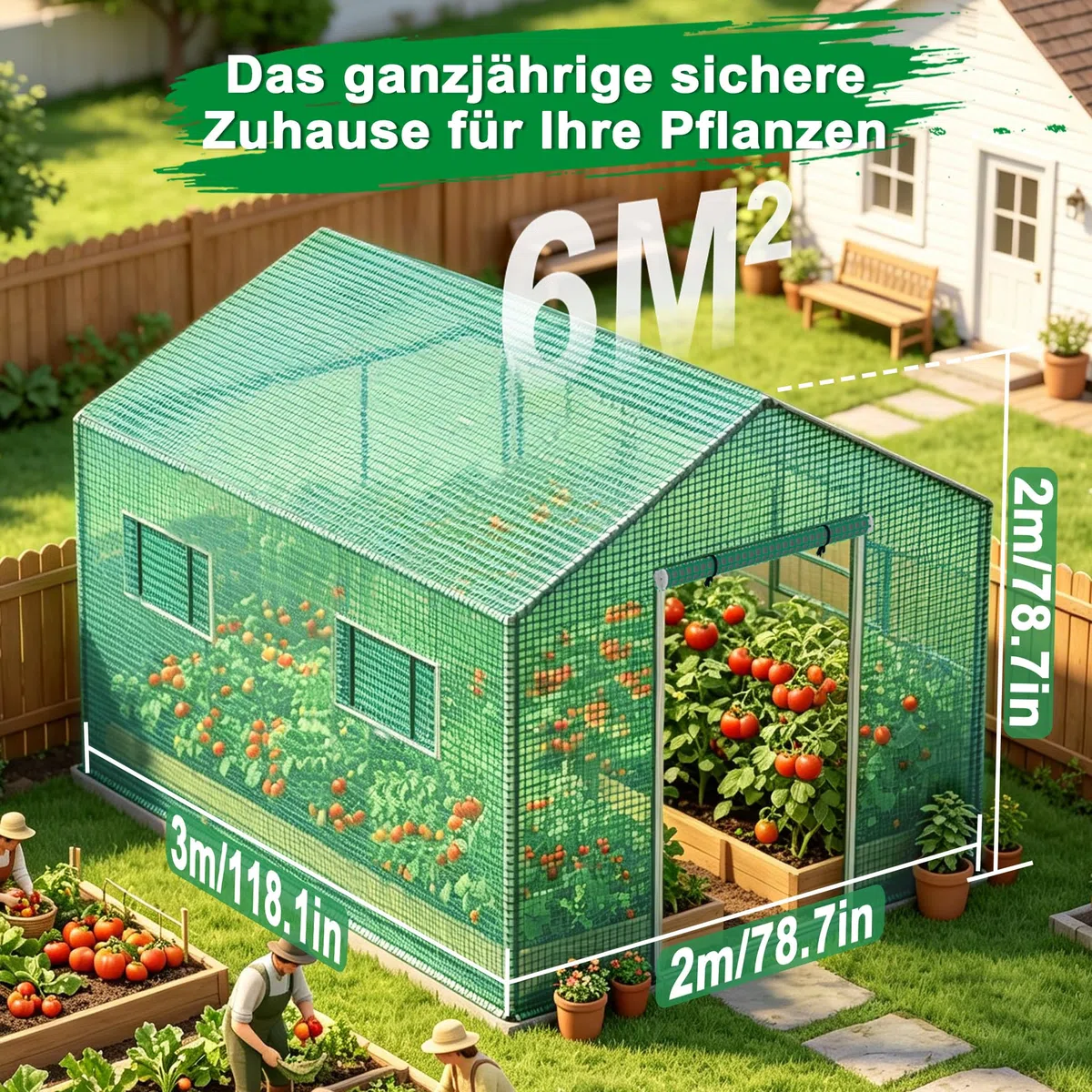 Froadp Szklarnia z możliwością wchodzenia, 3 x 2 x 2 m, foliowa szklarnia ogrodowa z ocynkowaną ramą stalową, odporna na promieniowanie UV folia PE, szklarnia na pomidory z oknami i drzwiami