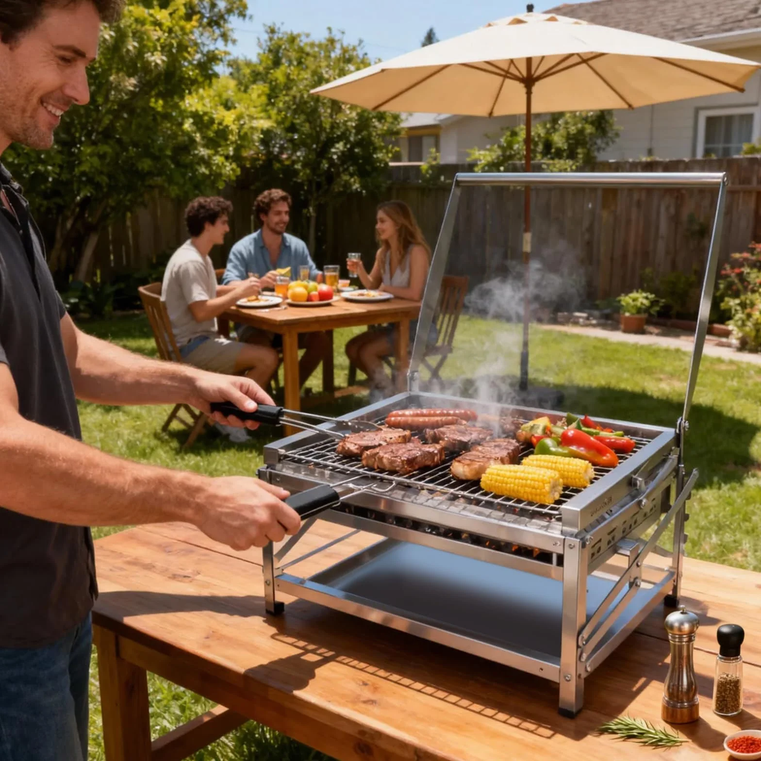 Ergocar Grill na węgiel drzewny zewnętrzny wielofunkcyjny przenośny obrotowy z regulowaną wysokością 4-poziomowa taca na węgiel drzewny idealna do wędzenia na świeżym powietrzu, pikników, grillowania